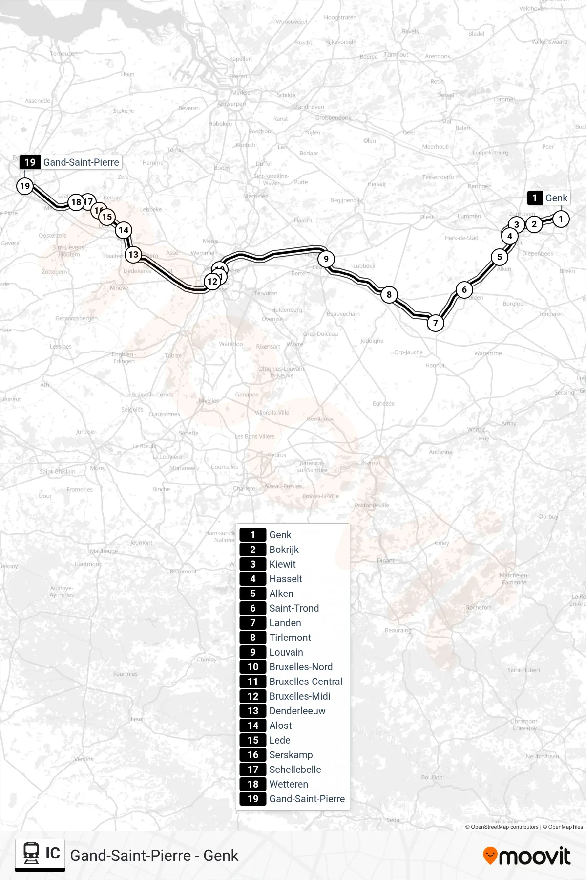 IC train Line (Genk→Ghent St. Peter) route and stops on a map