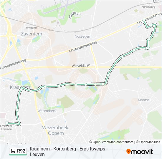 Plan de la ligne R92 de bus