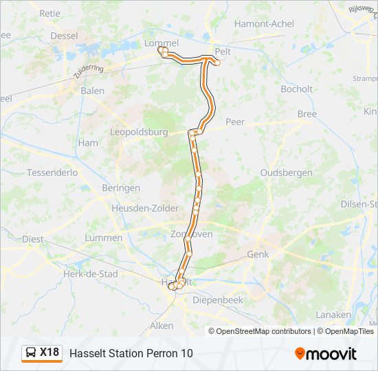 Bus X18 lijnkaart