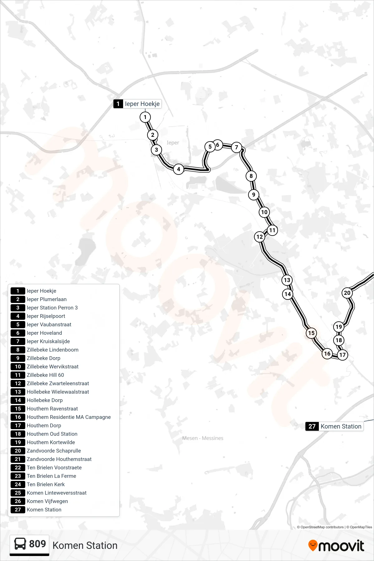 Lijn 809 (bus, Komen Station): route en haltes op de kaart