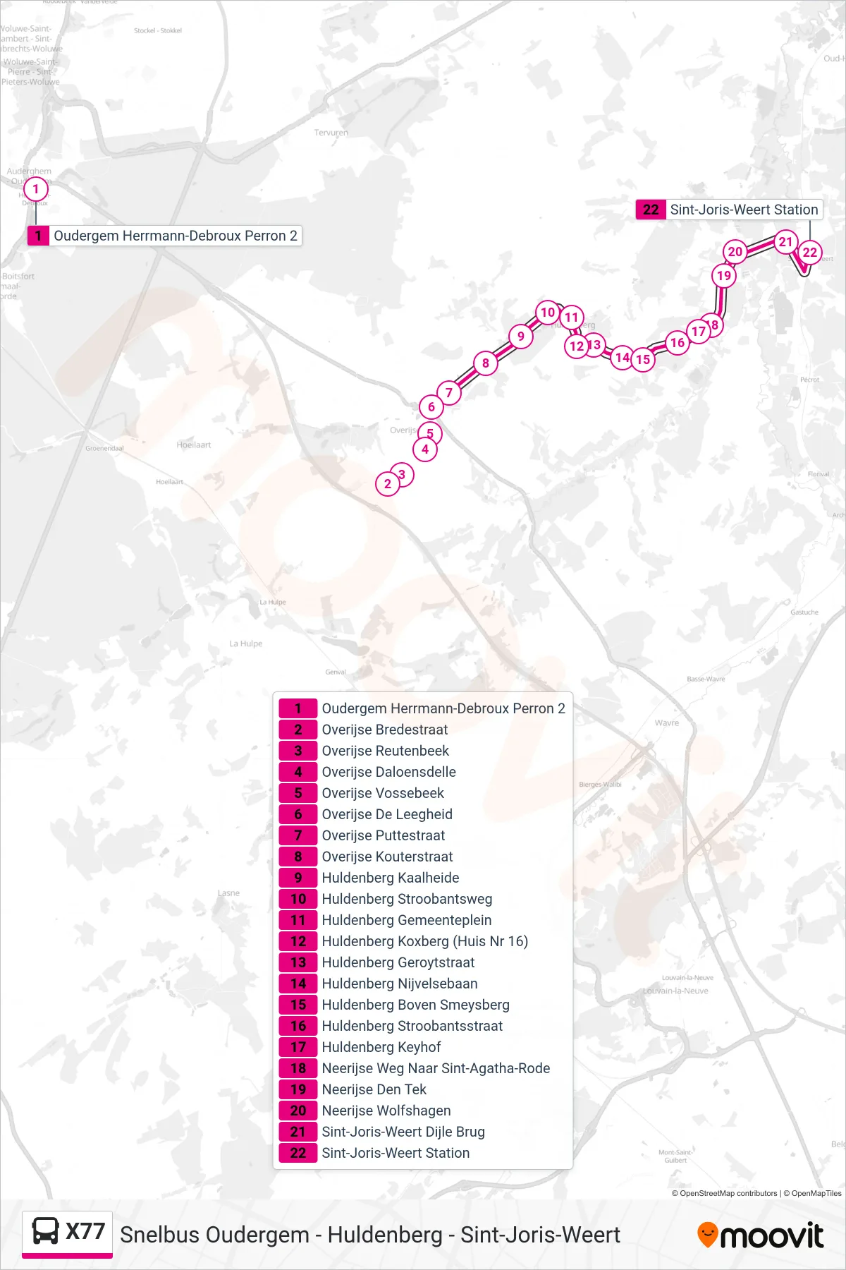 Lijn X77 (bus, Sint-Joris-Weert Station): route en haltes op de kaart