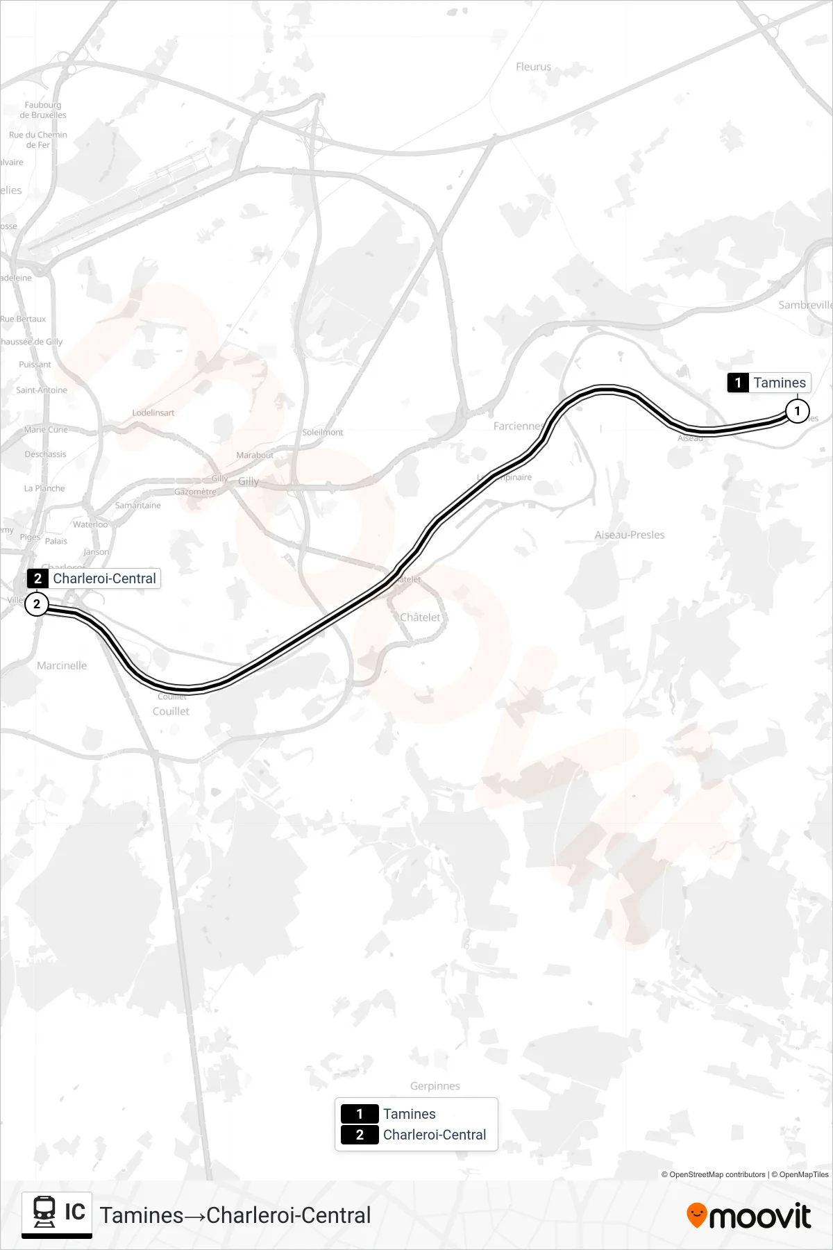 Lijn IC (trein, Tamines‎→Charleroi-Central): route en haltes op de kaart