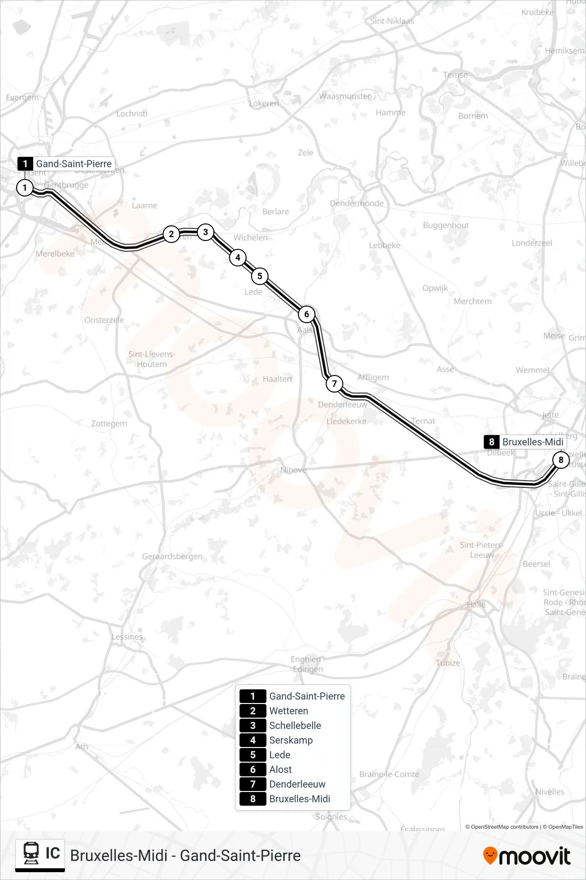 Lijn IC (trein, Gand-Saint-Pierre‎→Bruxelles-Midi): route en haltes op de kaart