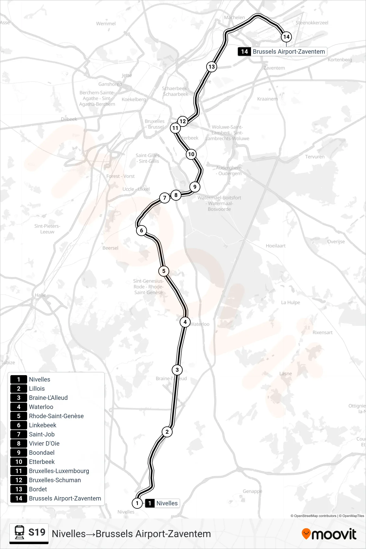 S19 train Line (Nivelles‎→Brussels Airport-Zaventem) route and stops on a map
