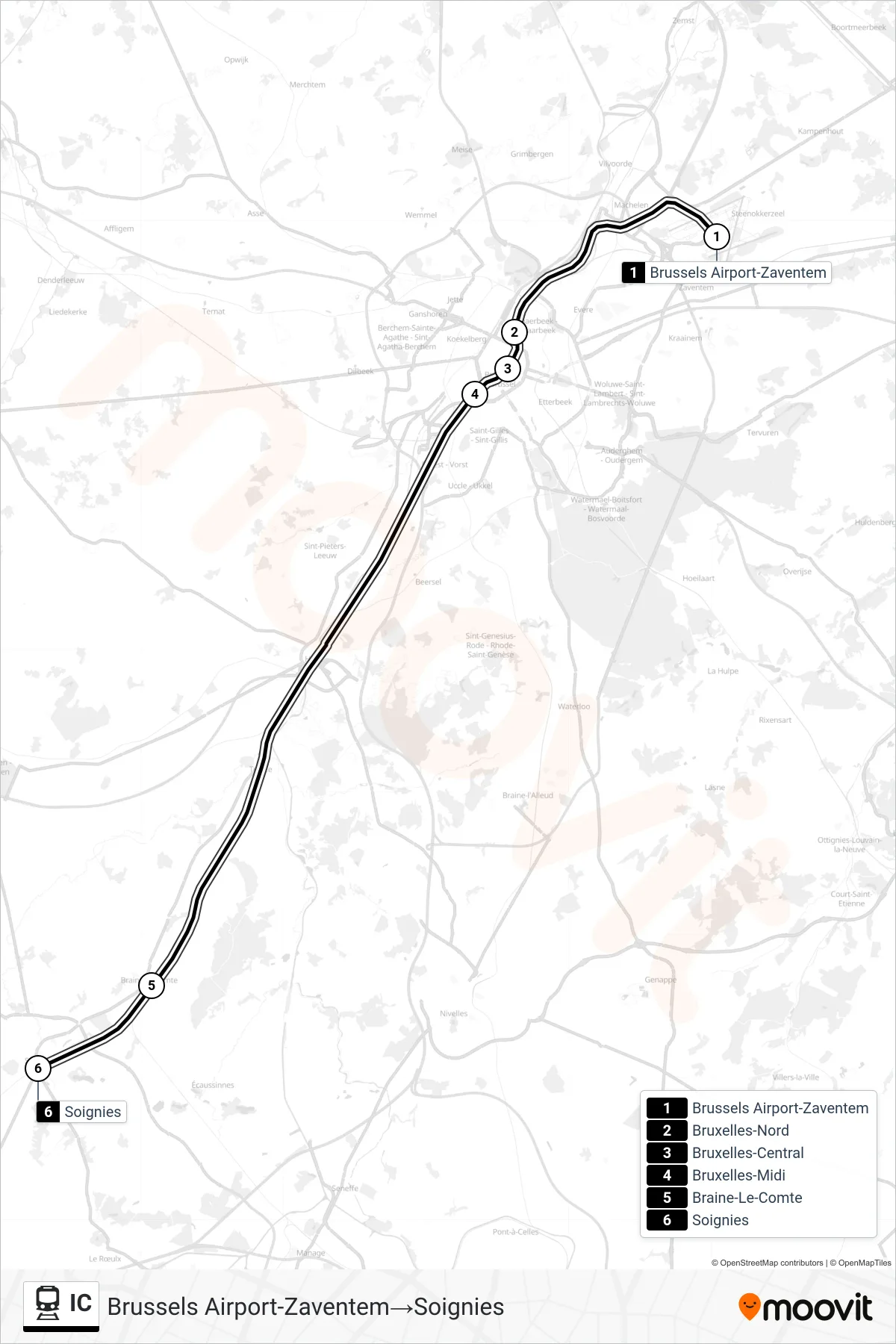 Lijn IC (trein, Brussels Airport-Zaventem‎→Soignies): route en haltes op de kaart