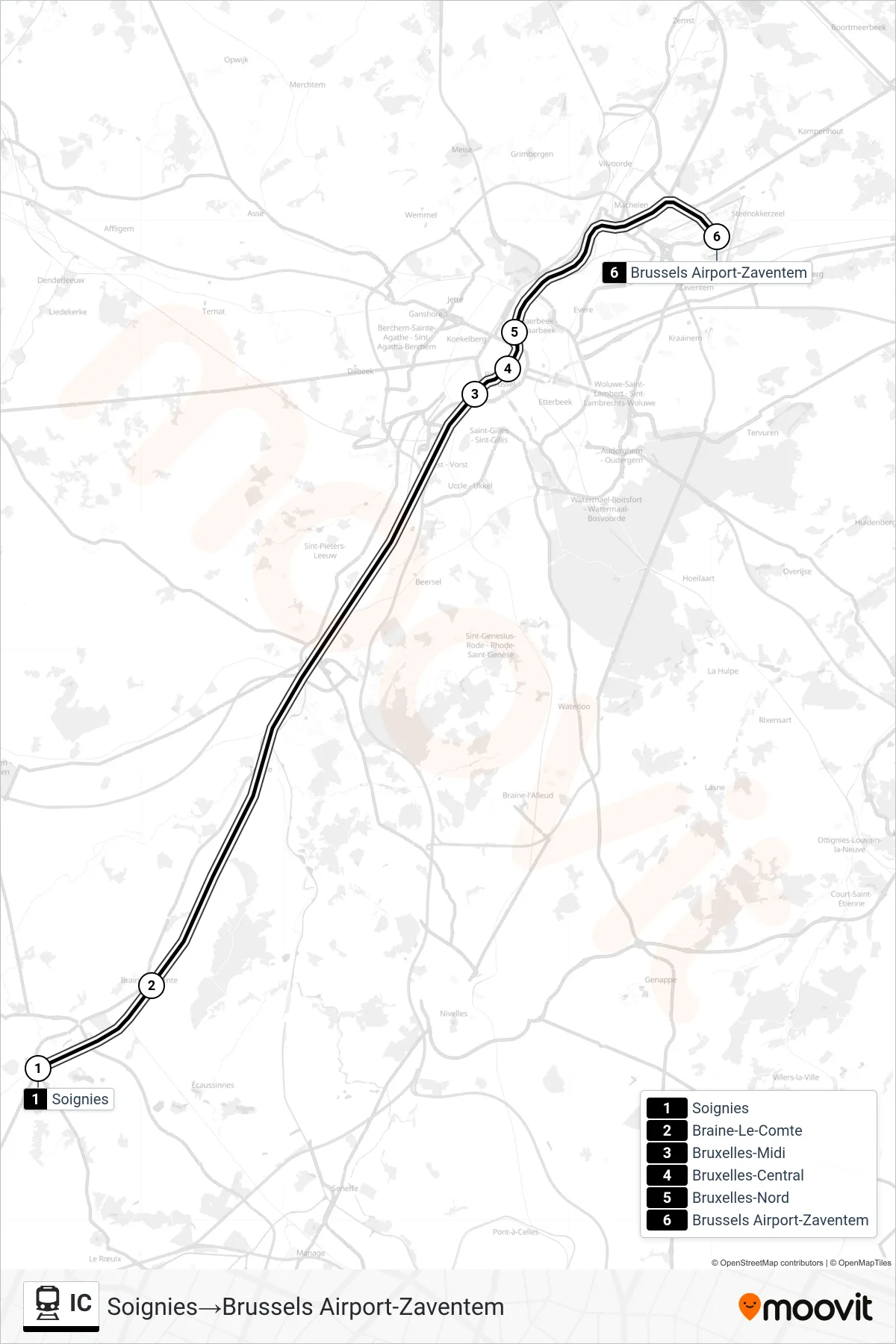 IC train Line (Soignies→Brussels Airport-Zaventem) route and stops on a map