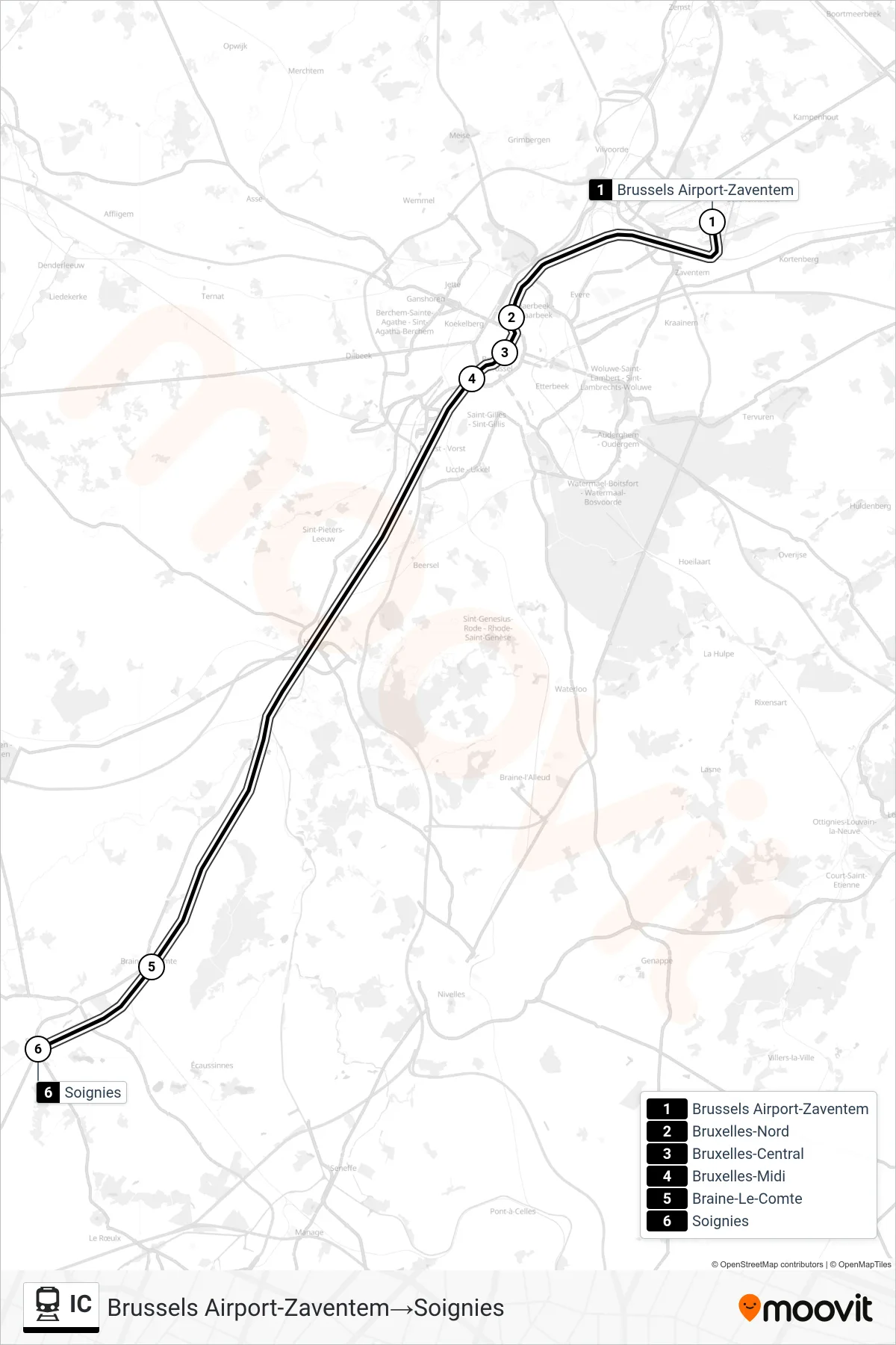 IC rail Line (Brussels Airport-Zaventem→Soignies) route and stops on a map