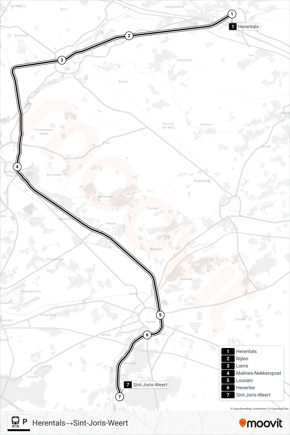 Lijn P (trein, Herentals‎→Sint-Joris-Weert): route en haltes op de kaart