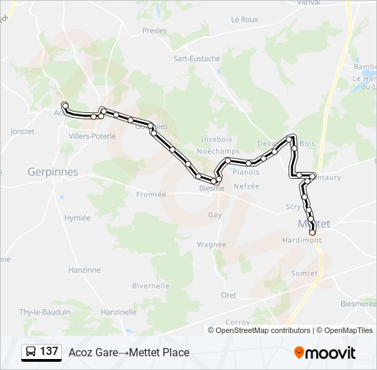 Bus 137 Route Map 137 Route: Schedules, Stops & Maps - Acoz Gare‎→Mettet Place (Updated)