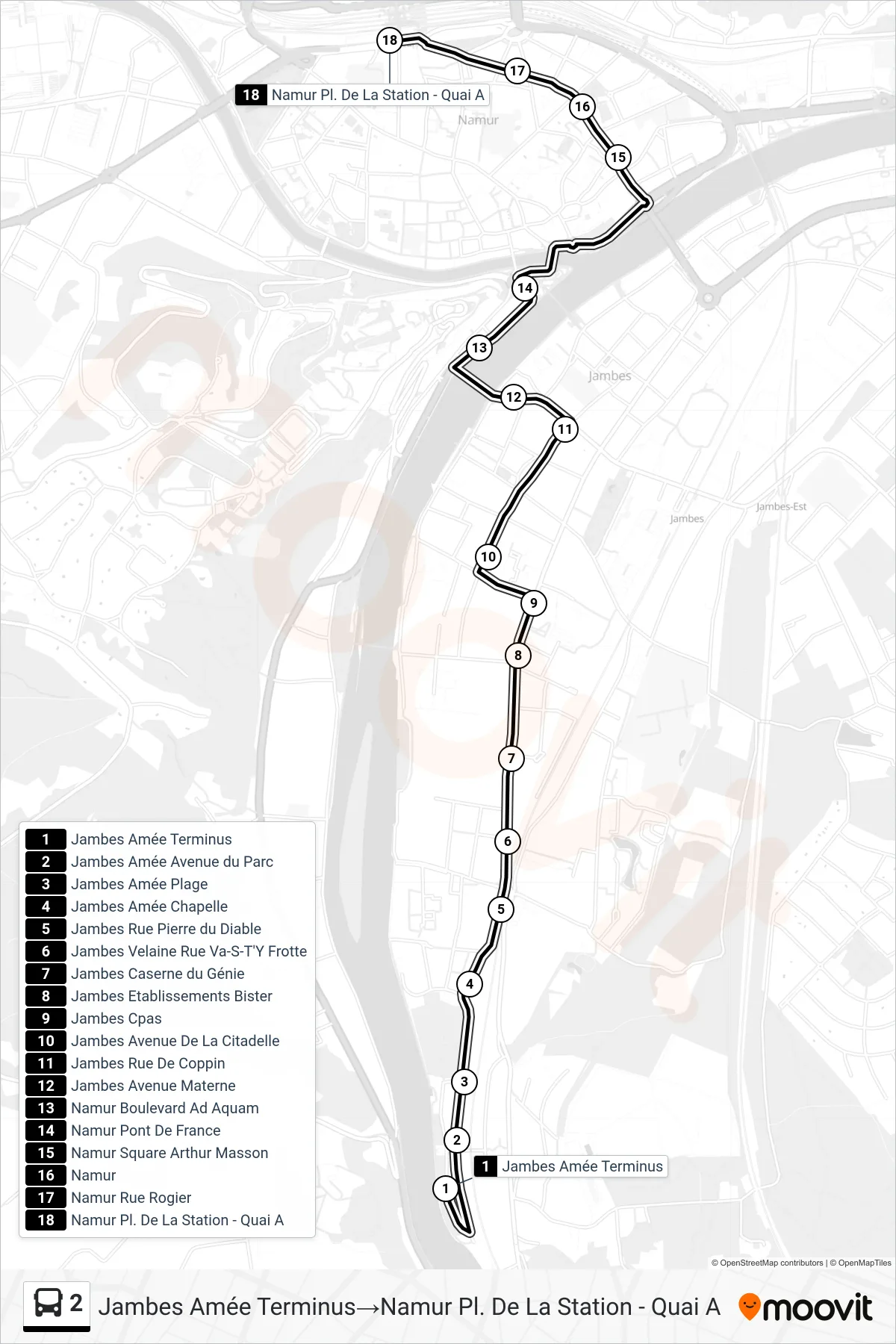 Lijn 2 (bus, Jambes Amée Terminus‎→Namur Pl. De La Station - Quai A): route en haltes op de kaart