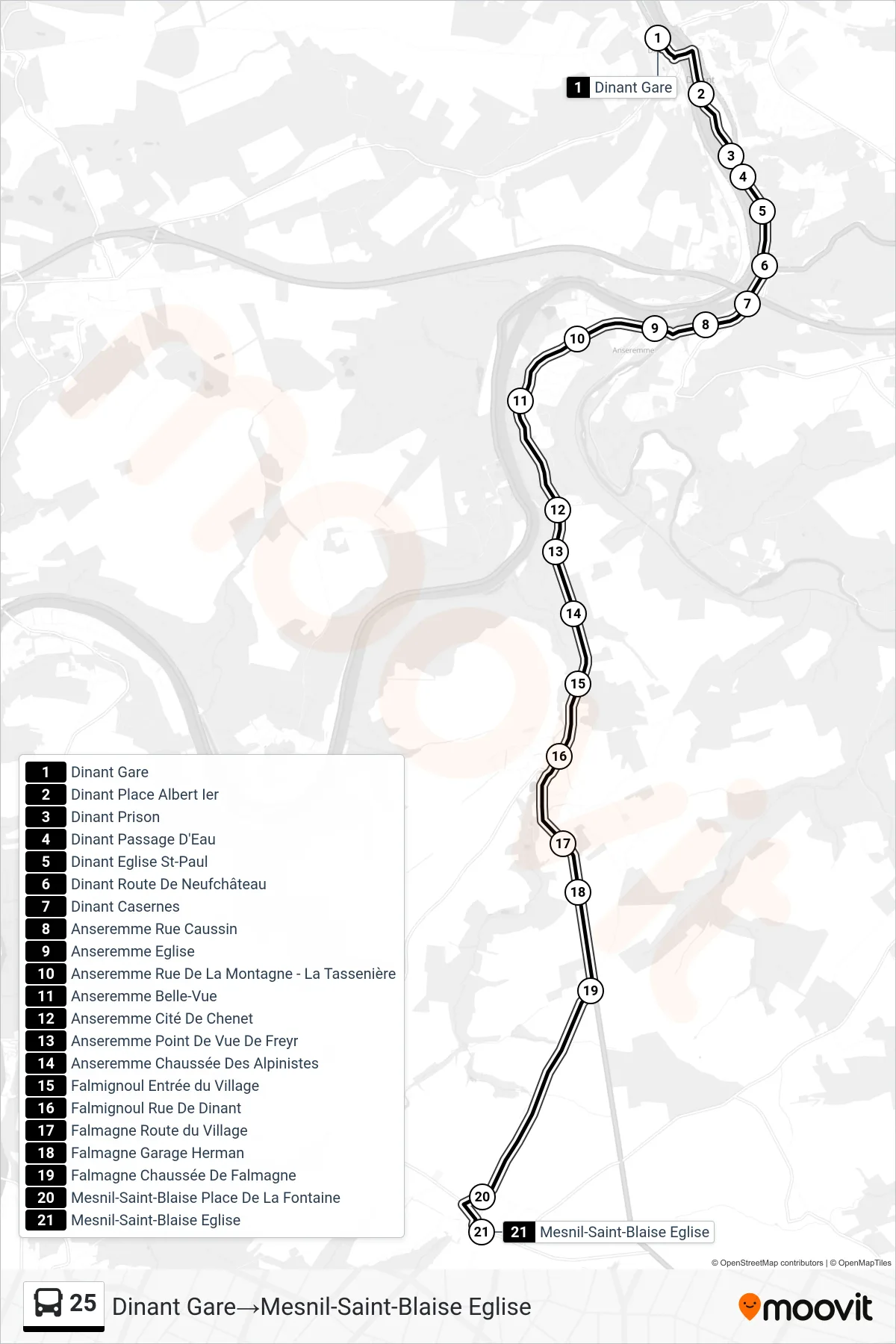 Lijn 25 (bus, Dinant Gare→Mesnil-Saint-Blaise Eglise): route en haltes op de kaart