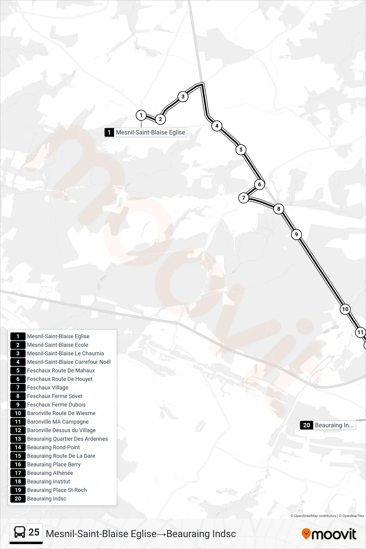 Lijn 25 (bus, Mesnil-Saint-Blaise Eglise→Beauraing Indsc): route en haltes op de kaart
