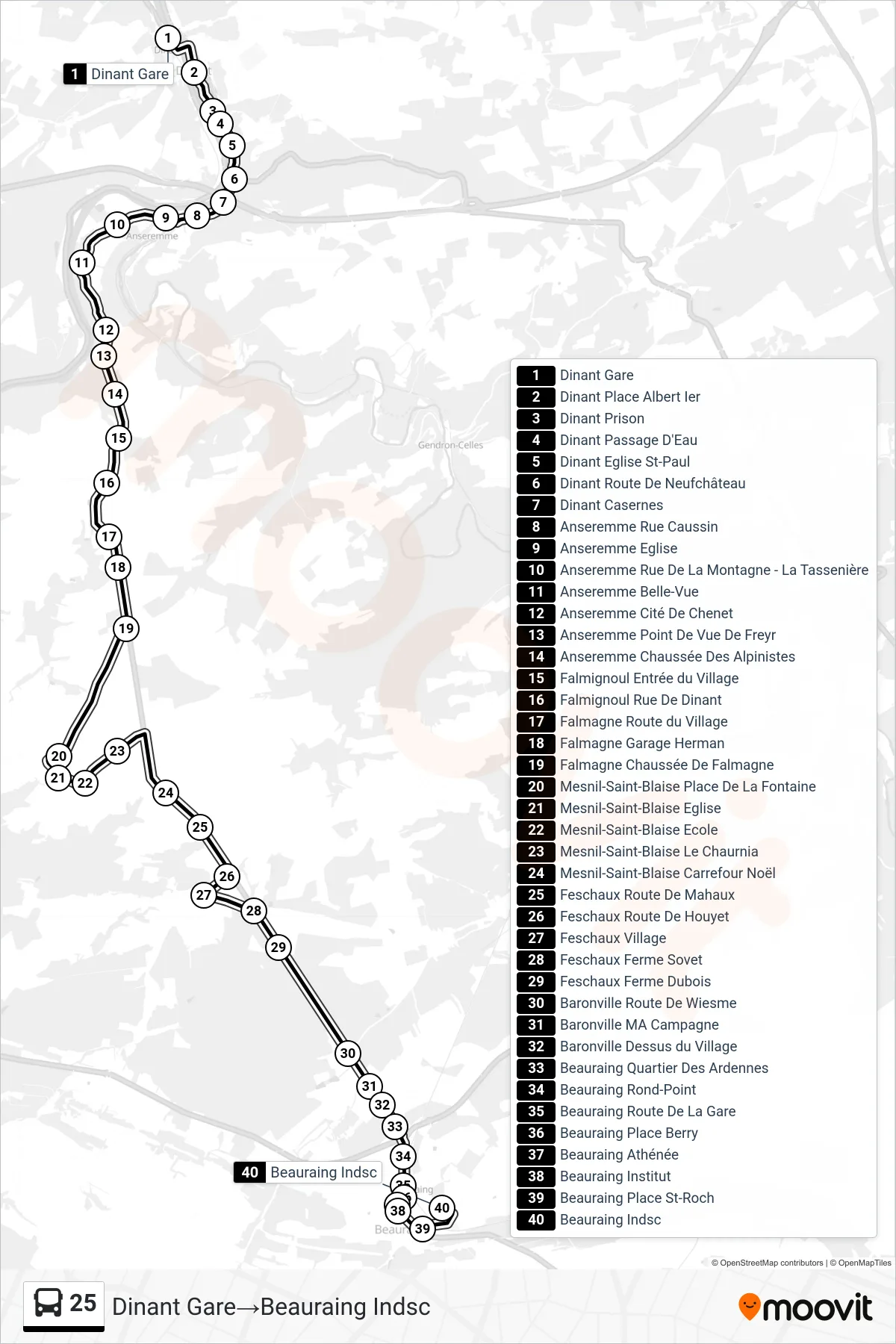 Lijn 25 (bus, Dinant Gare→Beauraing Indsc): route en haltes op de kaart