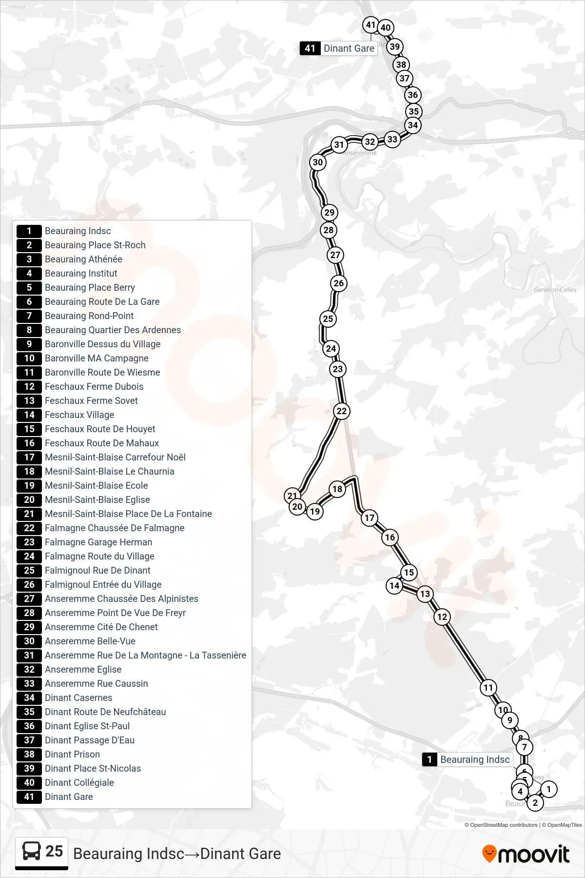 Lijn 25 (bus, Beauraing Indsc→Dinant Gare): route en haltes op de kaart