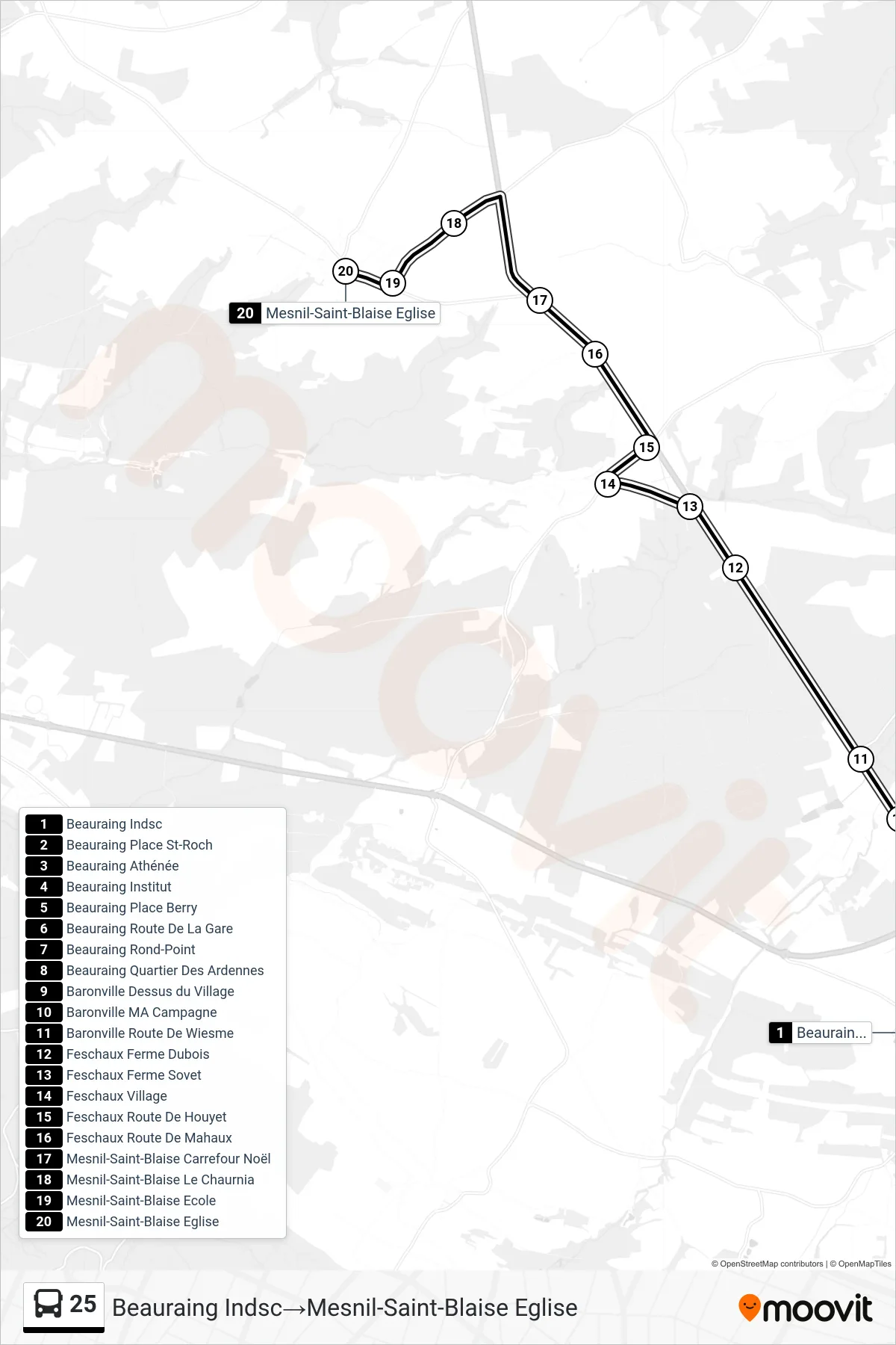 Lijn 25 (bus, Beauraing Indsc→Mesnil-Saint-Blaise Eglise): route en haltes op de kaart