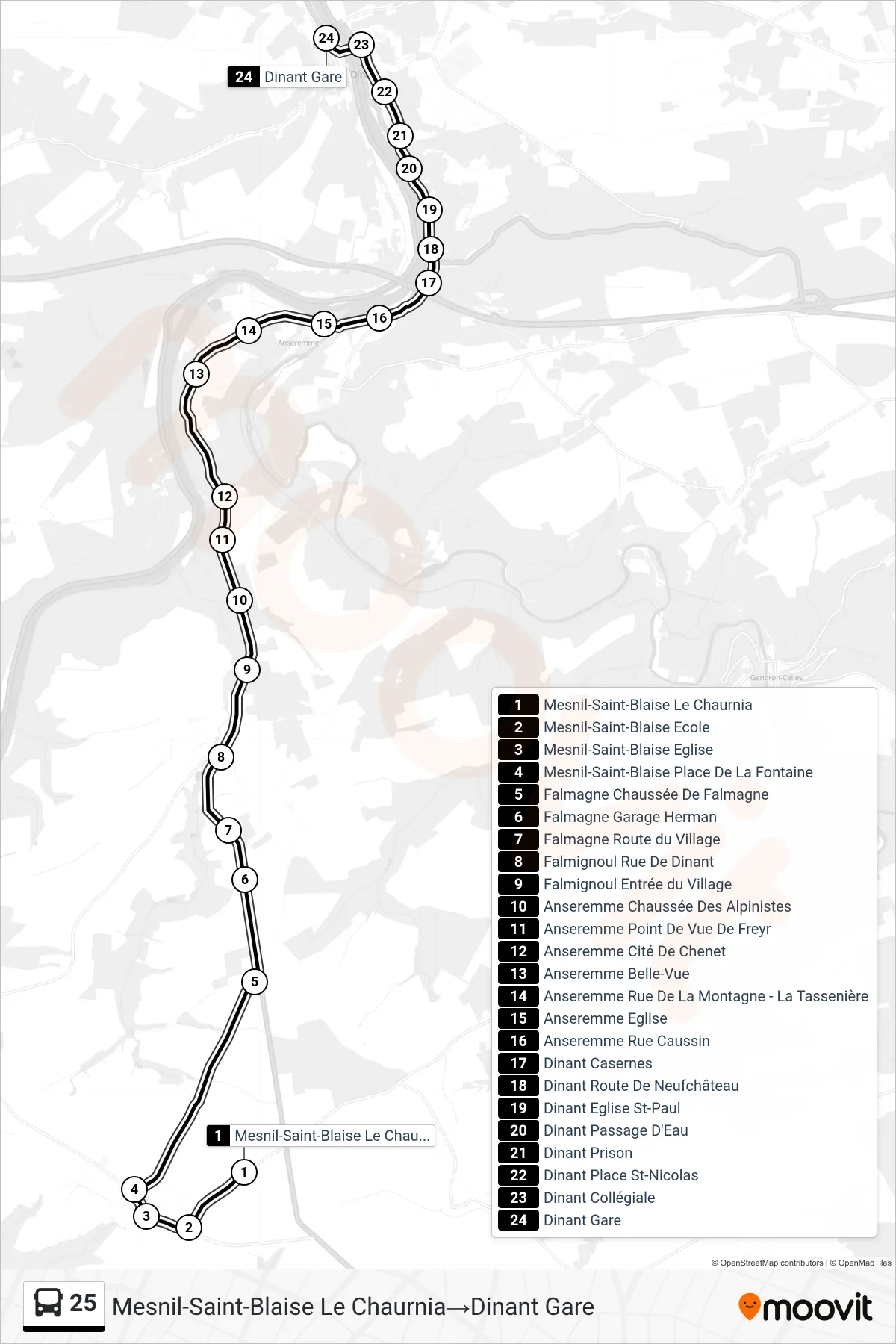 Lijn 25 (bus, Mesnil-Saint-Blaise Le Chaurnia→Dinant Gare): route en haltes op de kaart
