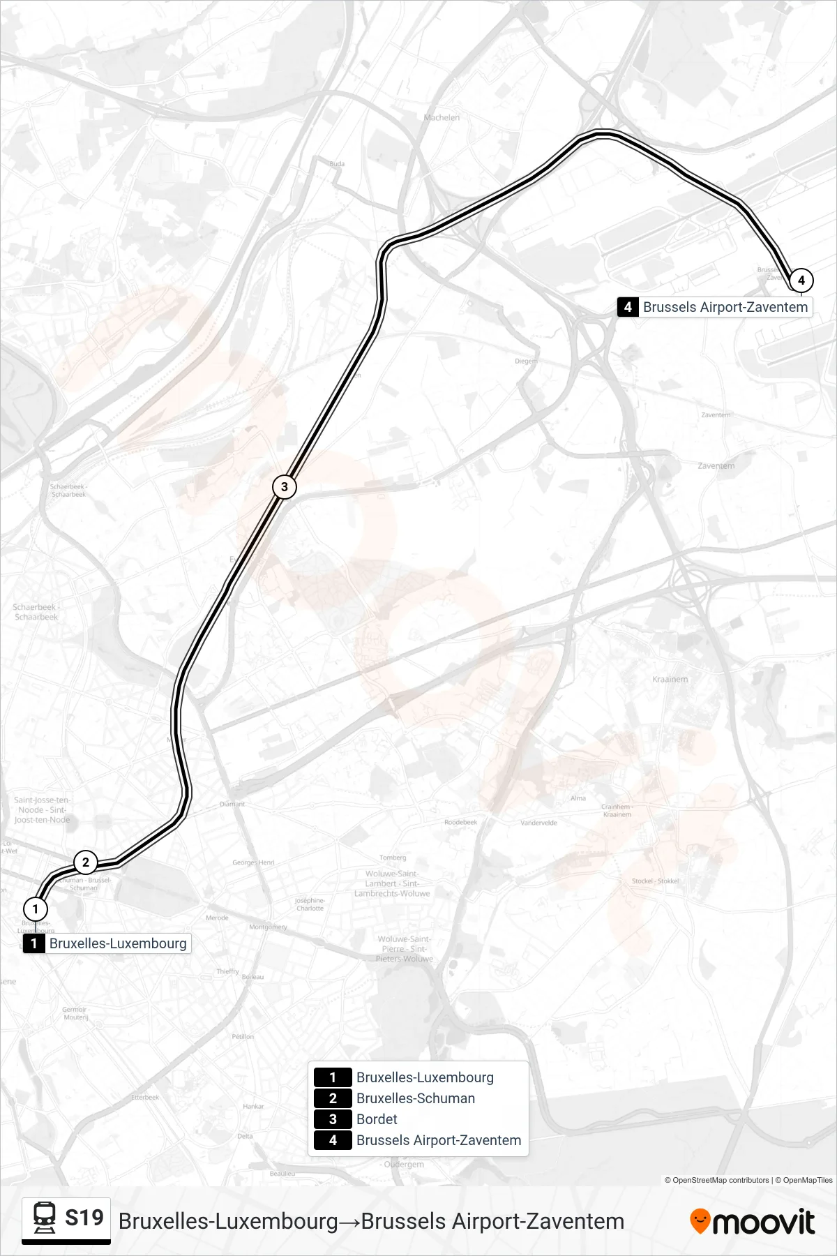 Lijn S19 (trein, Bruxelles-Luxembourg‎→Brussels Airport-Zaventem): route en haltes op de kaart