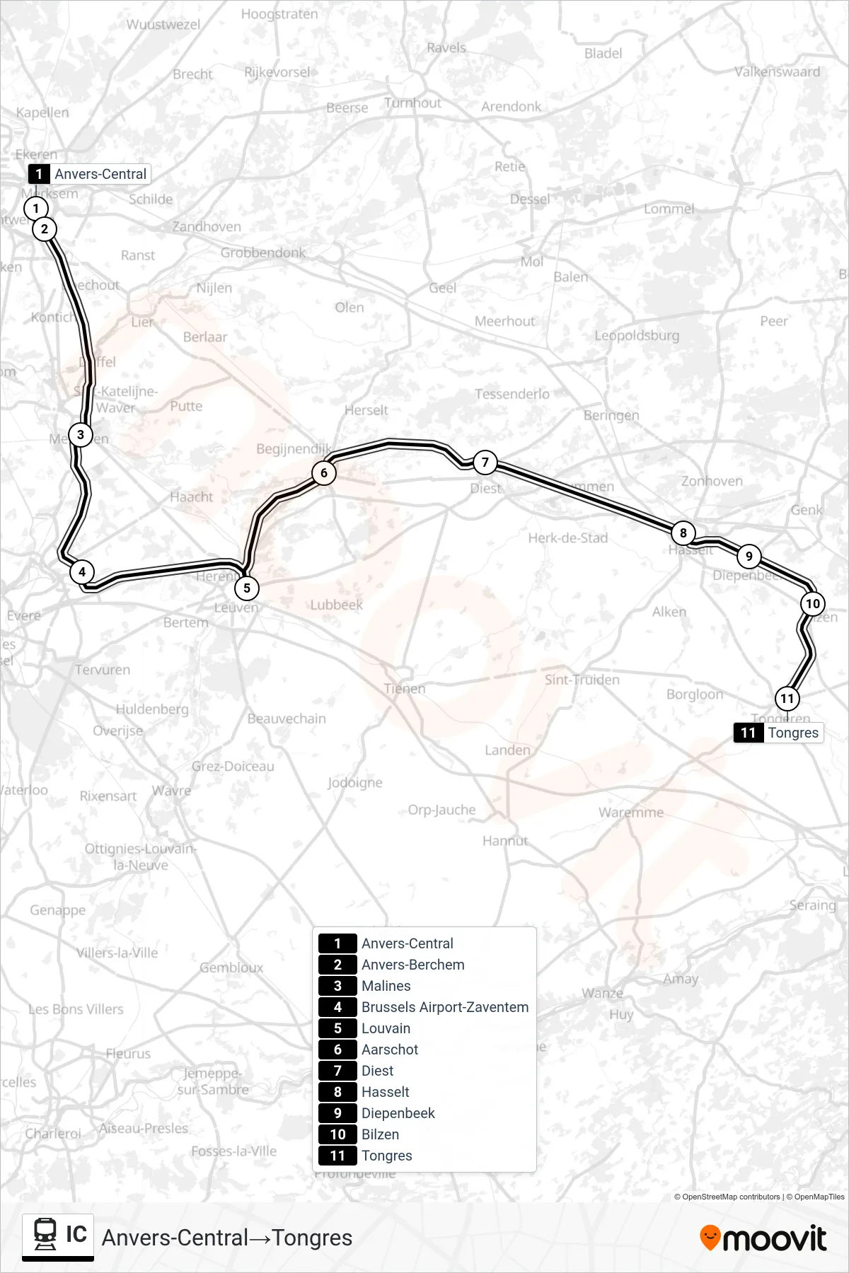 Lijn IC (trein, Anvers-Central→Tongres): route en haltes op de kaart