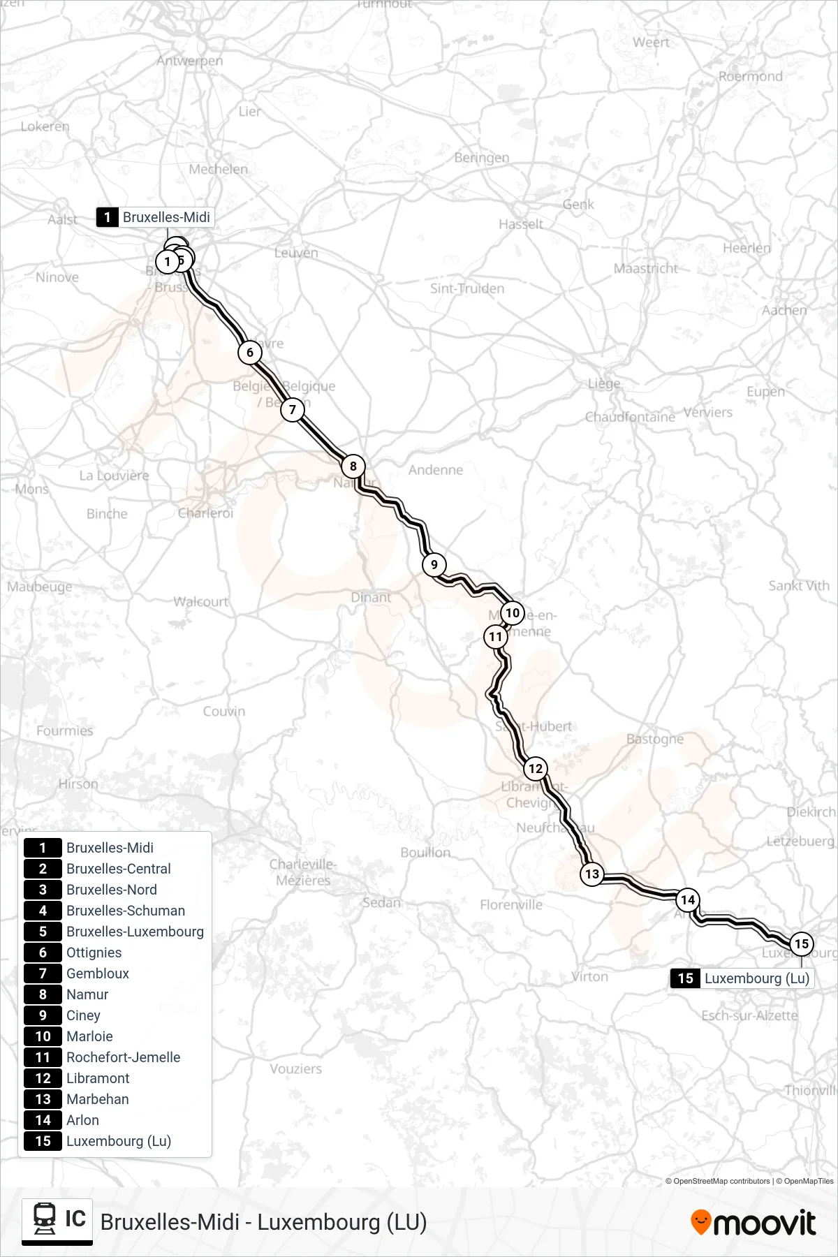 Lijn IC (trein, Bruxelles-Midi‎→Luxembourg (Lu)): route en haltes op de kaart