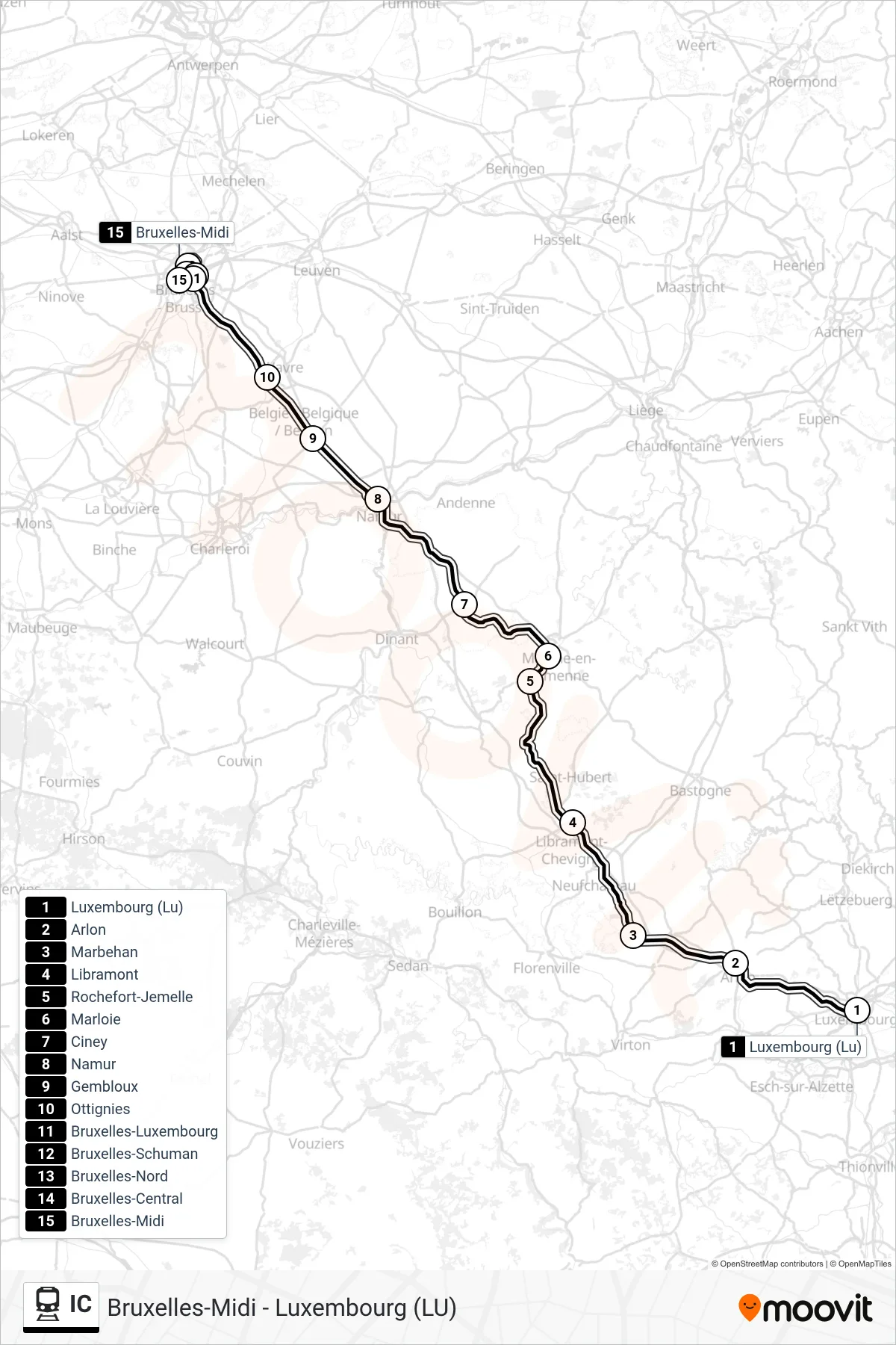 IC train Line (Luxembourg→Brussels South) route and stops on a map