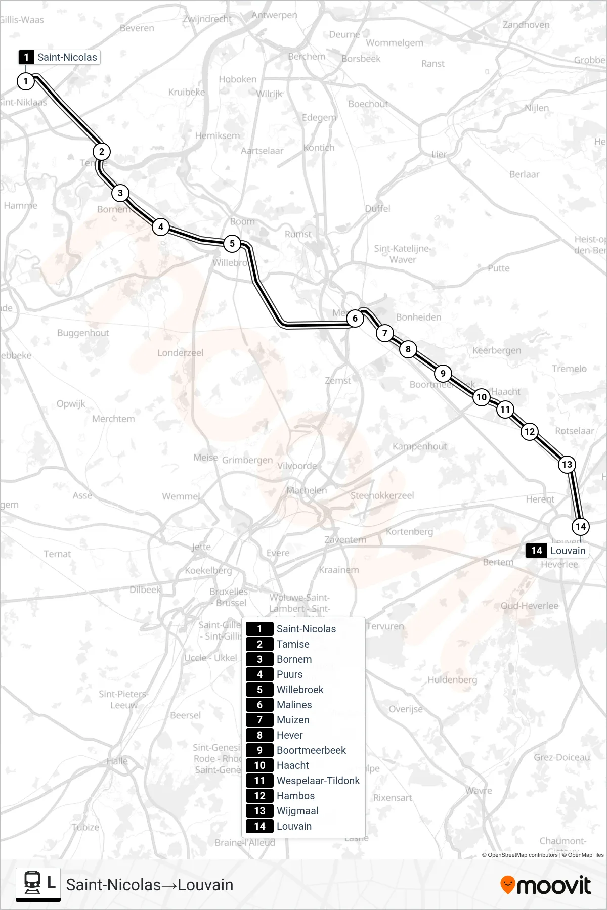 L train Line (Saint-Nicolas→Leuven) route and stops on a map