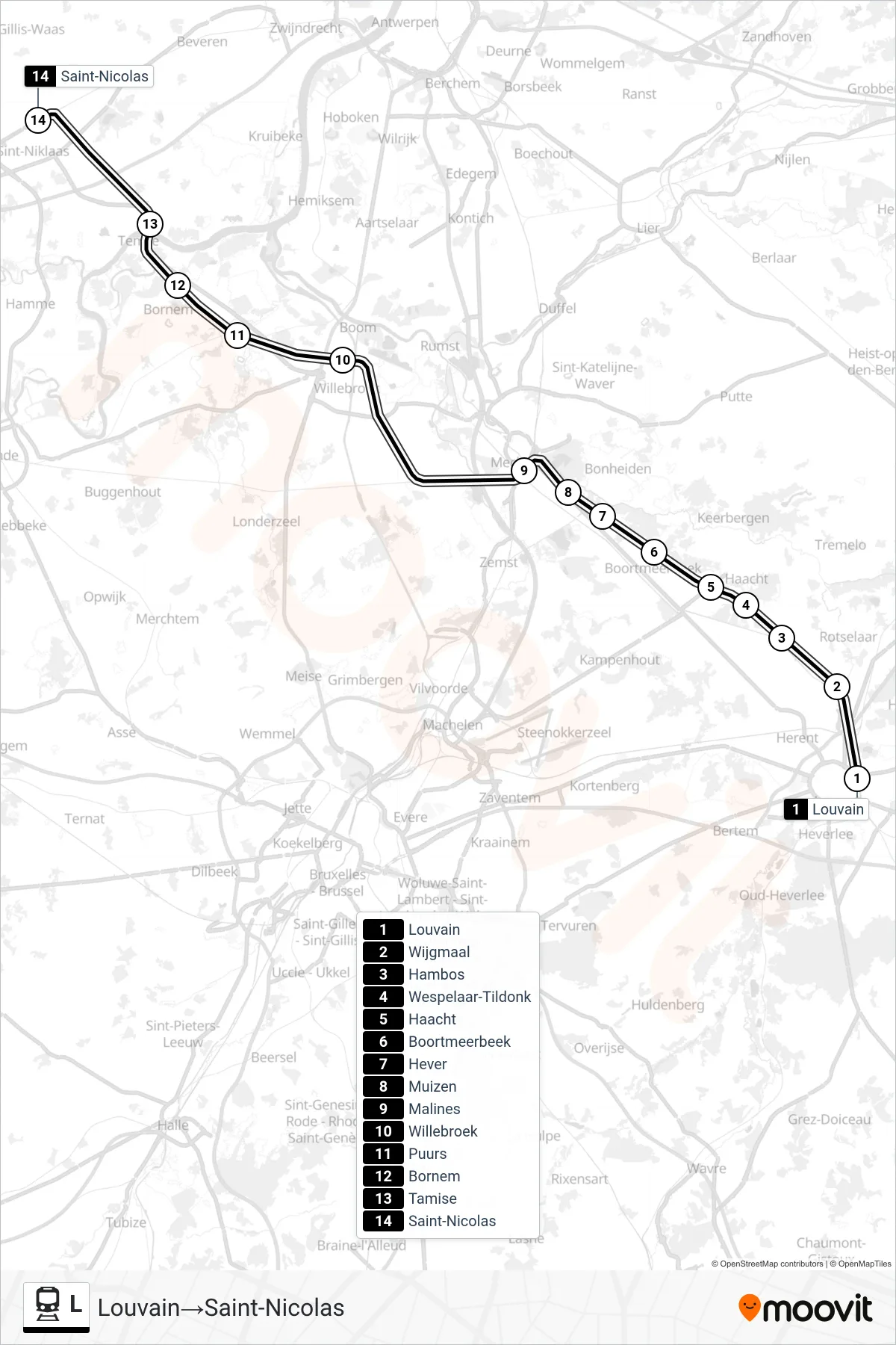 L rail Line (Leuven→Saint-Nicolas) route and stops on a map