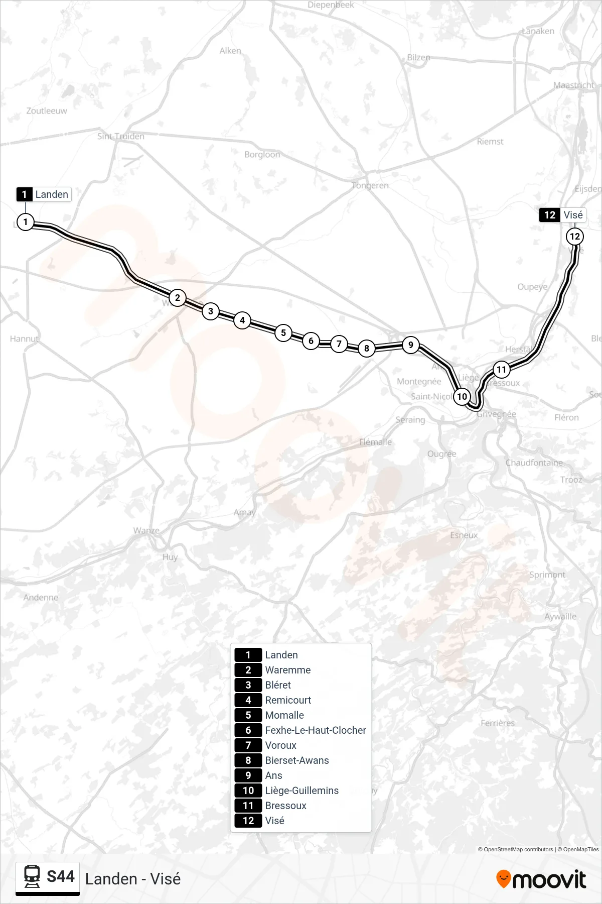 Lijn S44 (trein, Landen‎→Visé): route en haltes op de kaart