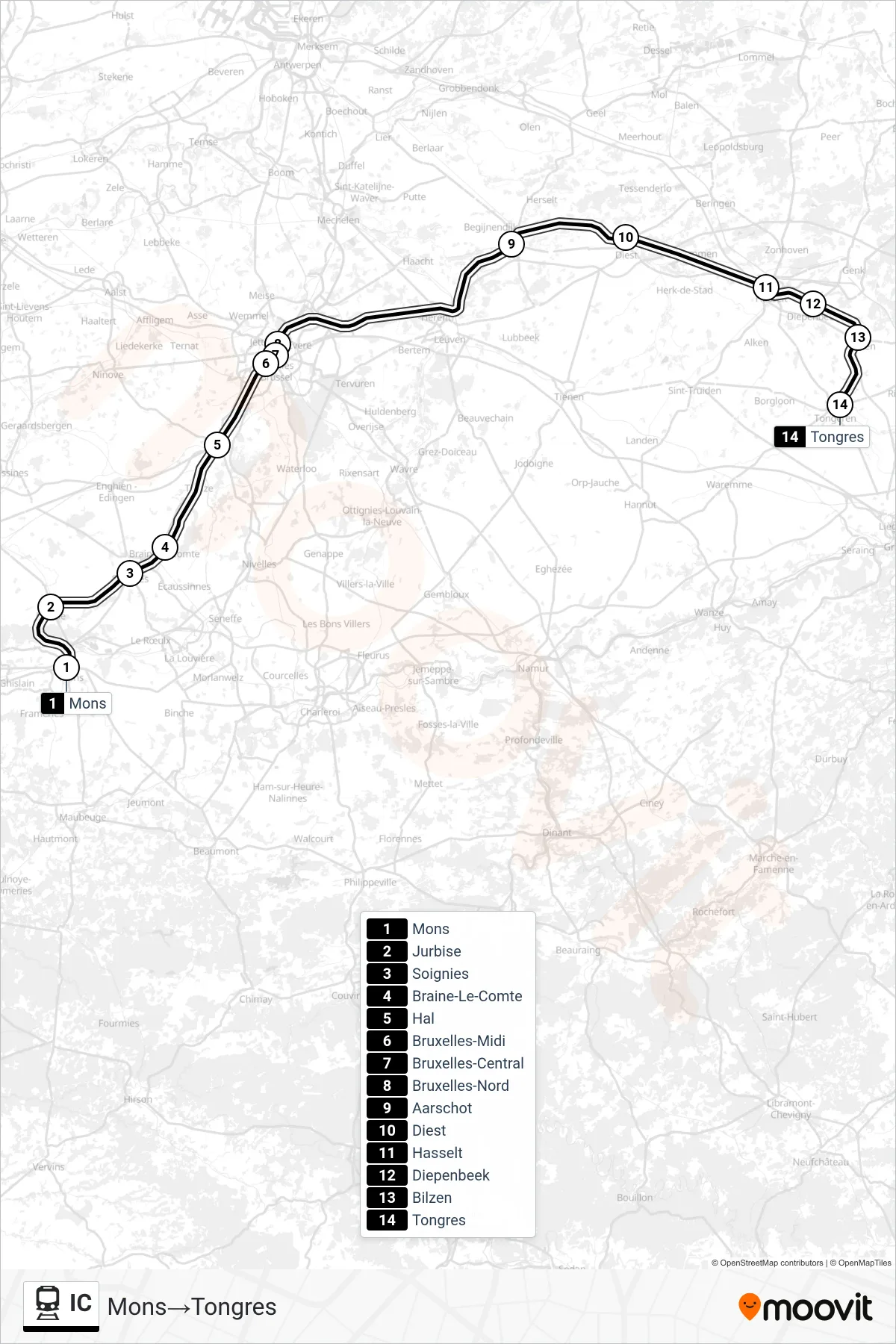 Lijn IC (trein, Mons→Tongres): route en haltes op de kaart