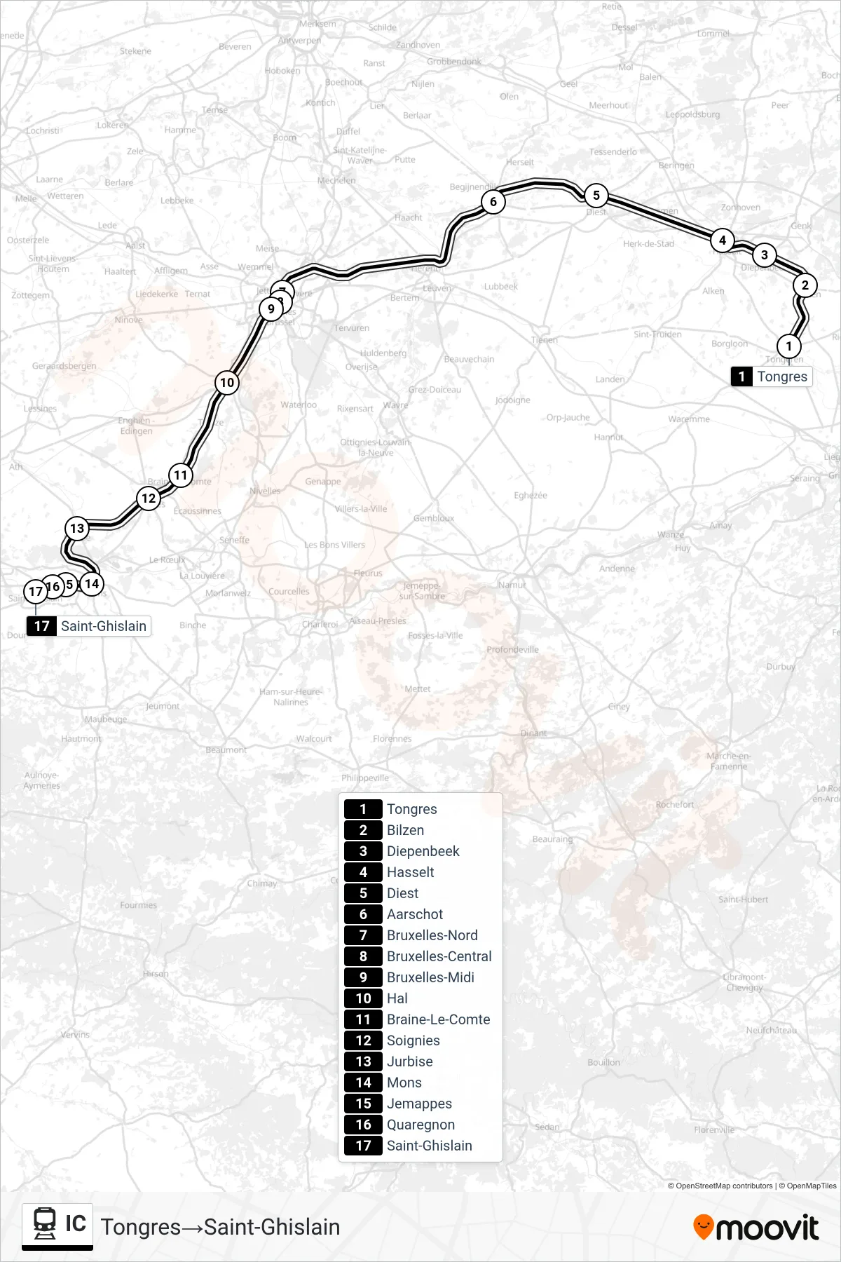 Lijn IC (trein, Tongres‎→Saint-Ghislain): route en haltes op de kaart