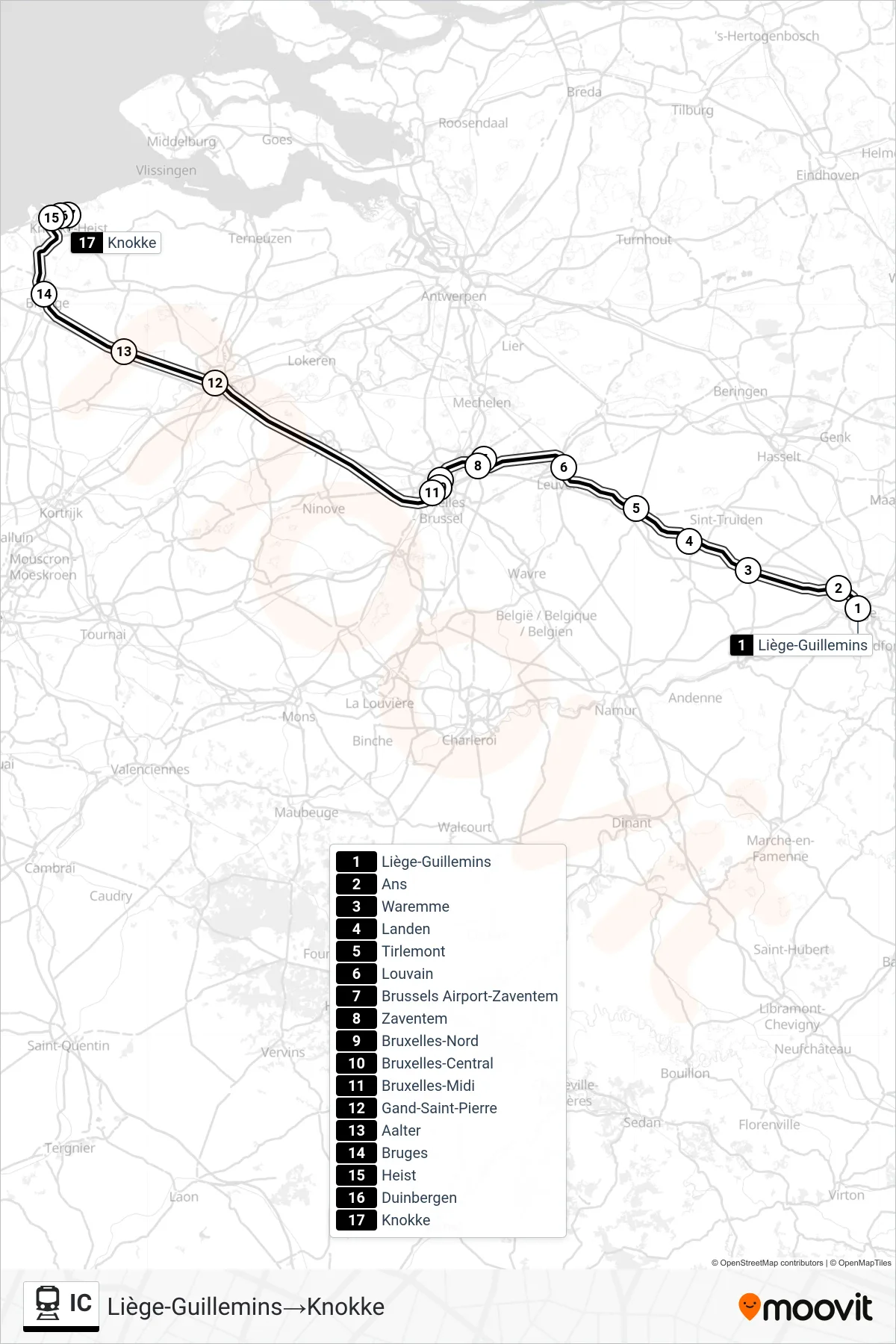 IC train Line (Liège-Guillemins→Knokke) route and stops on a map