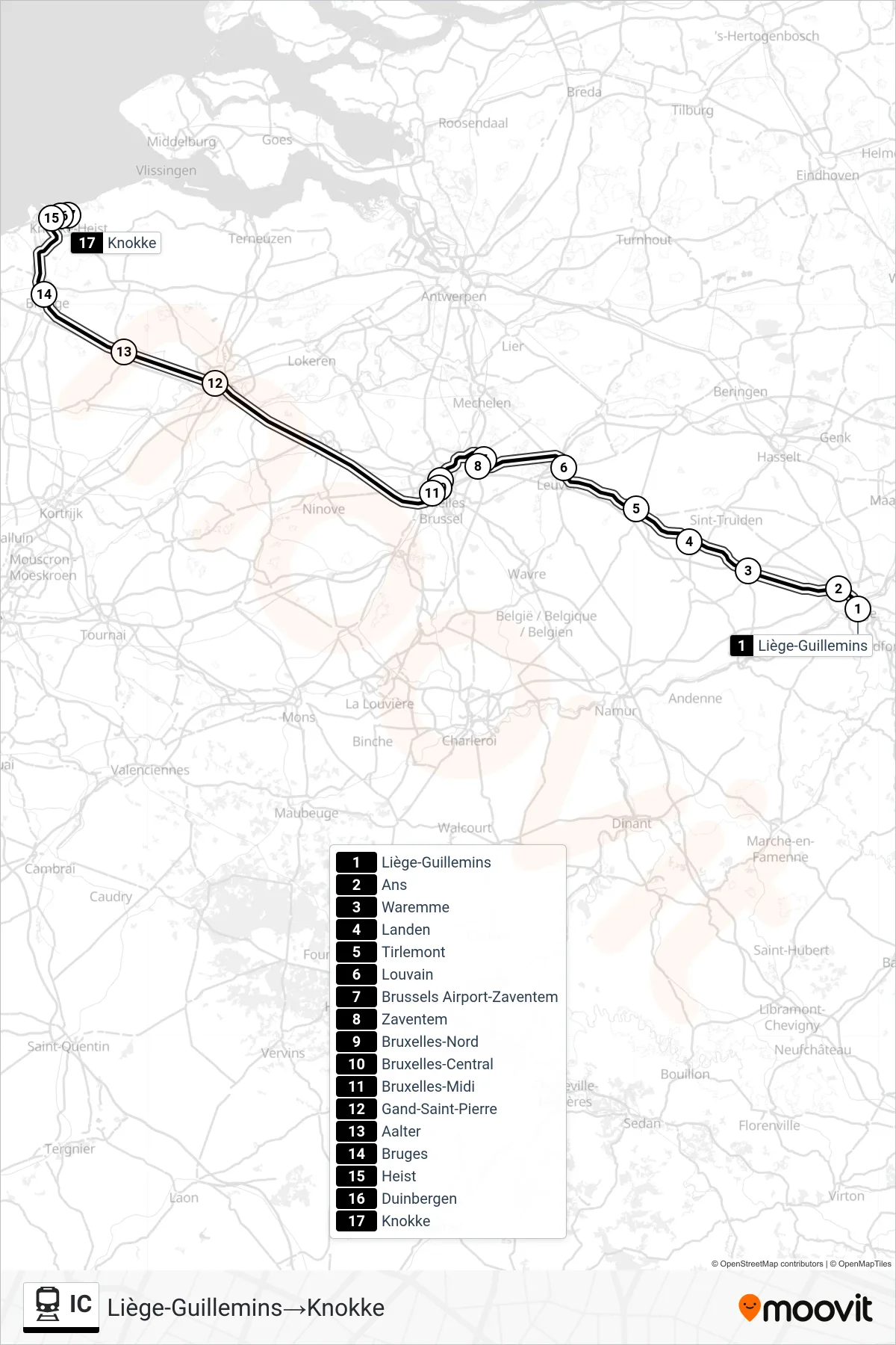 IC rail Line (Liège-Guillemins‎→Knokke) route and stops on a map