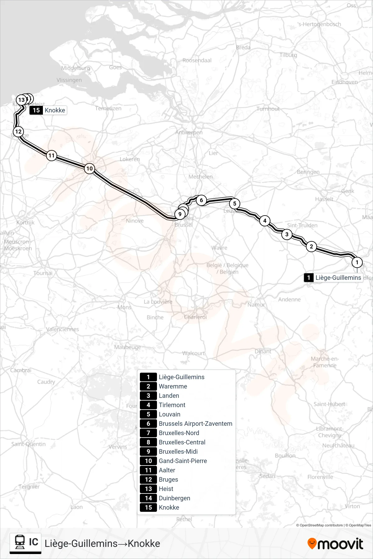 IC train Line (Liège-Guillemins→Knokke) route and stops on a map