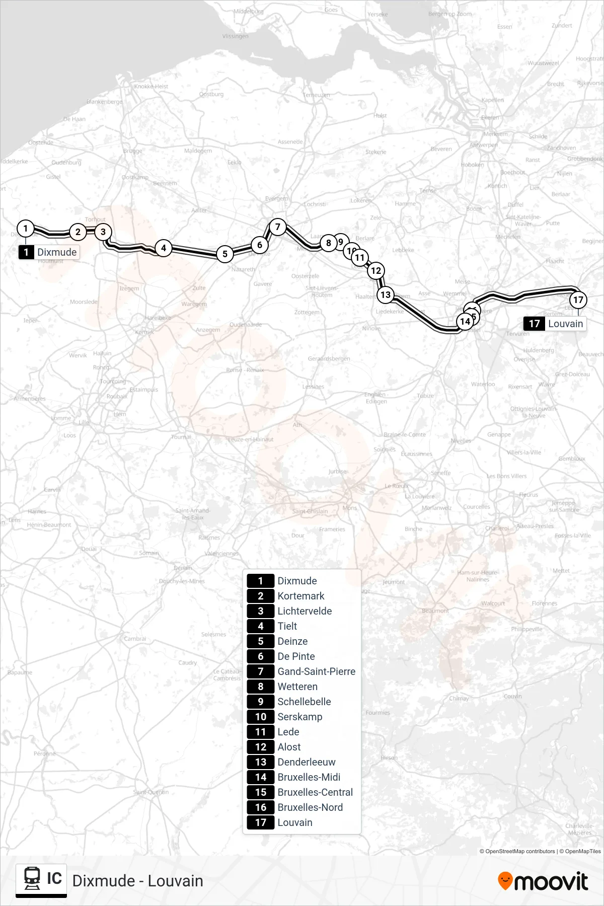 Lijn IC (trein, Dixmude→Louvain): route en haltes op de kaart