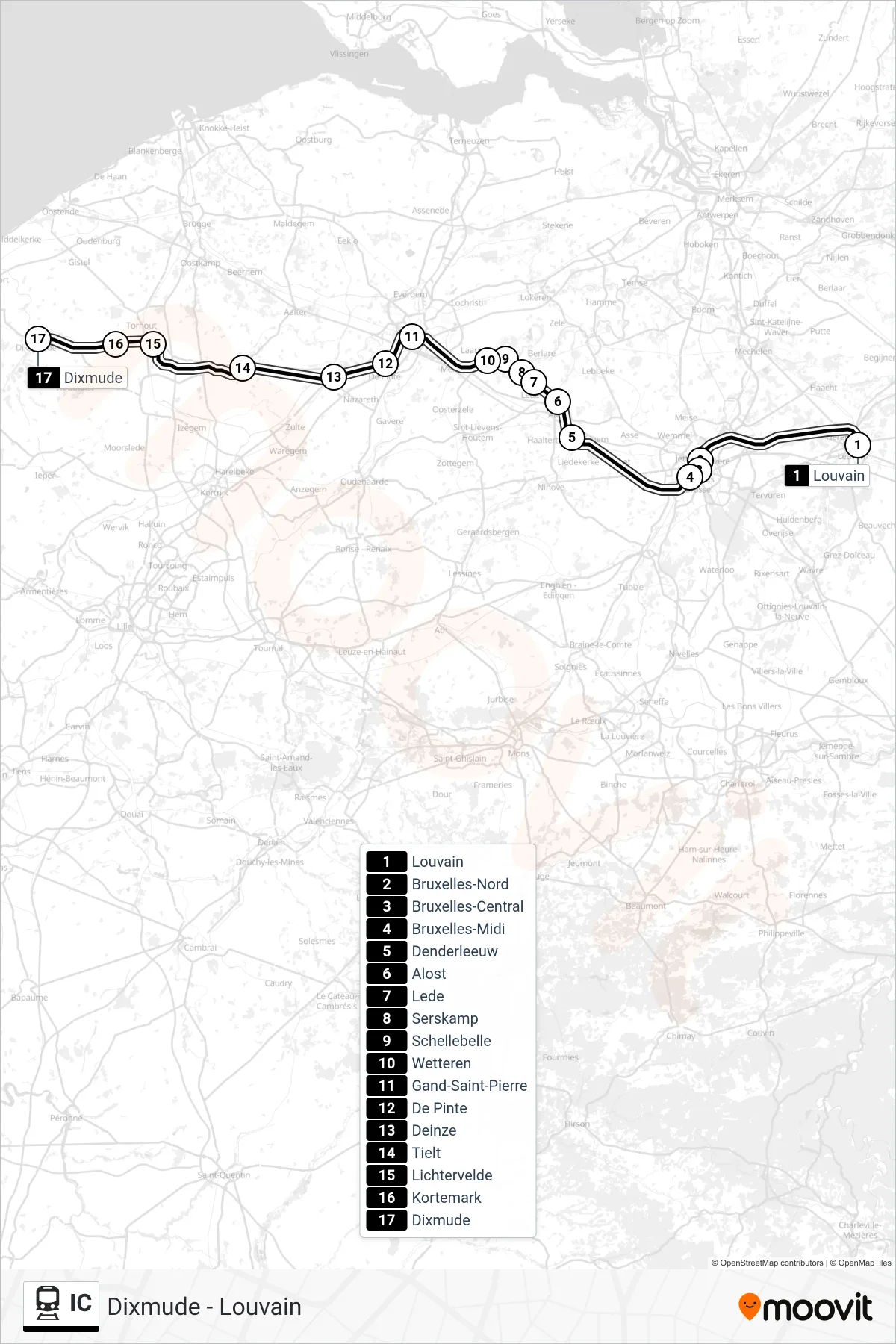 IC train Line (Leuven→Dixmude) route and stops on a map