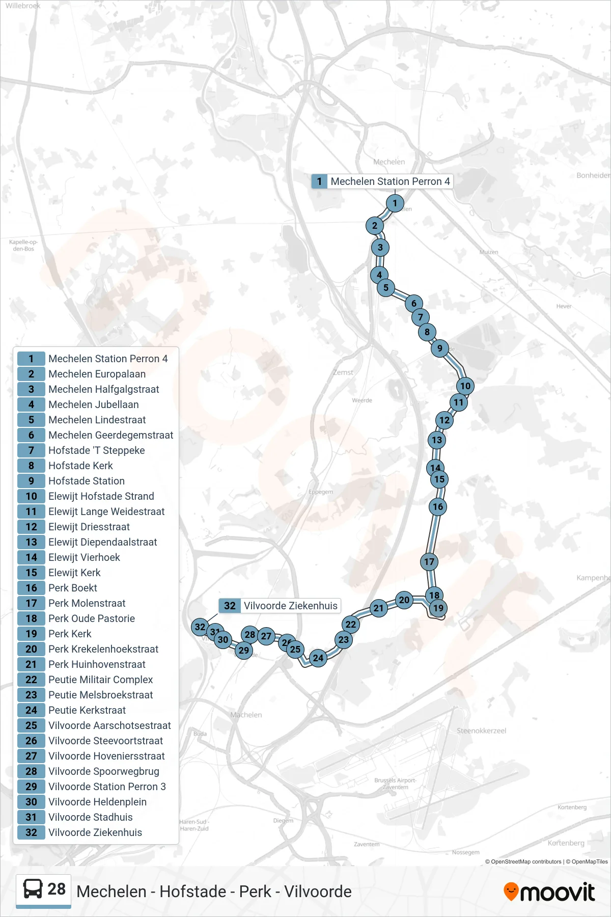 Lijn 28 (bus, Vilvoorde Ziekenhuis): route en haltes op de kaart