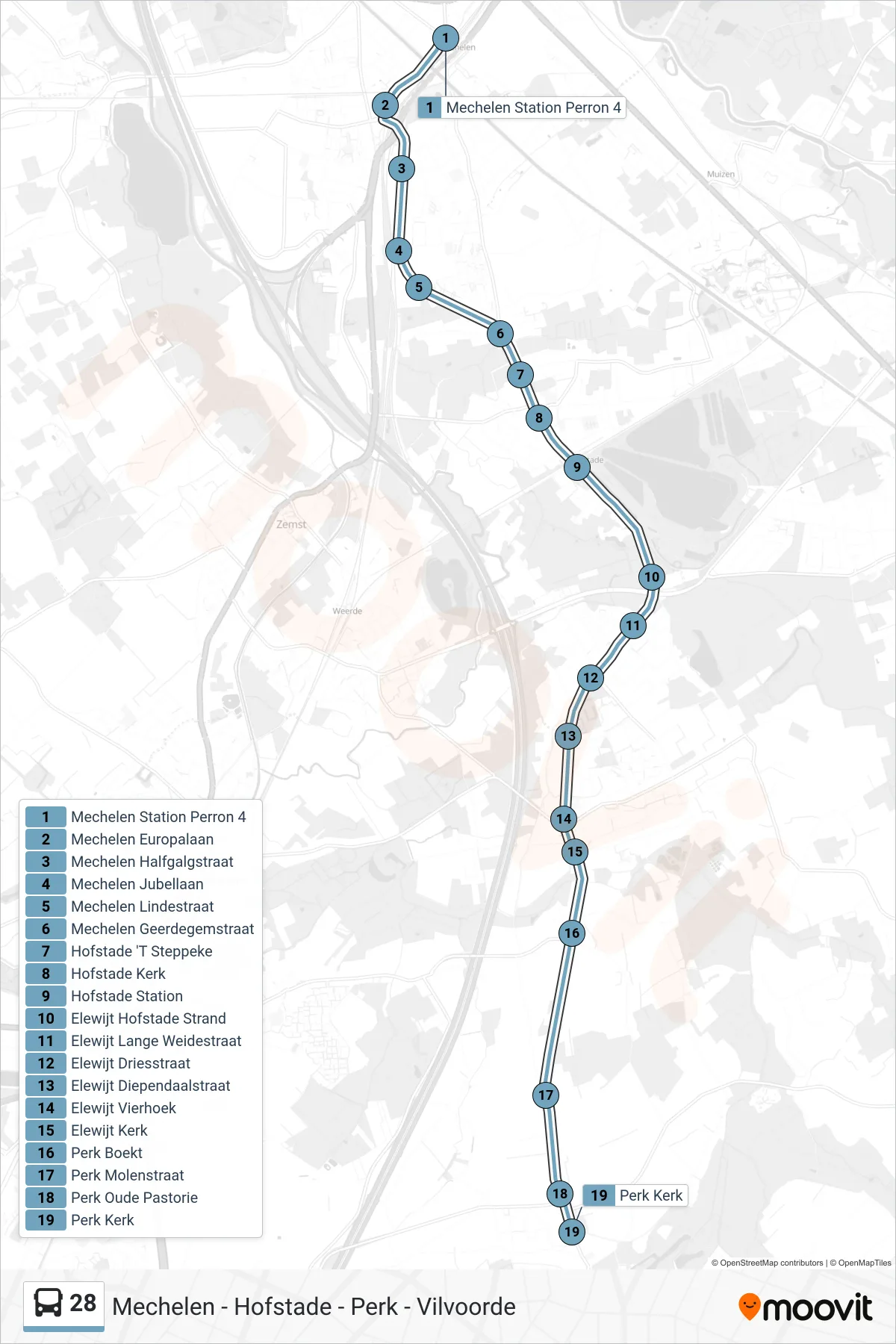 28 bus Line (Perk Church) route and stops on a map