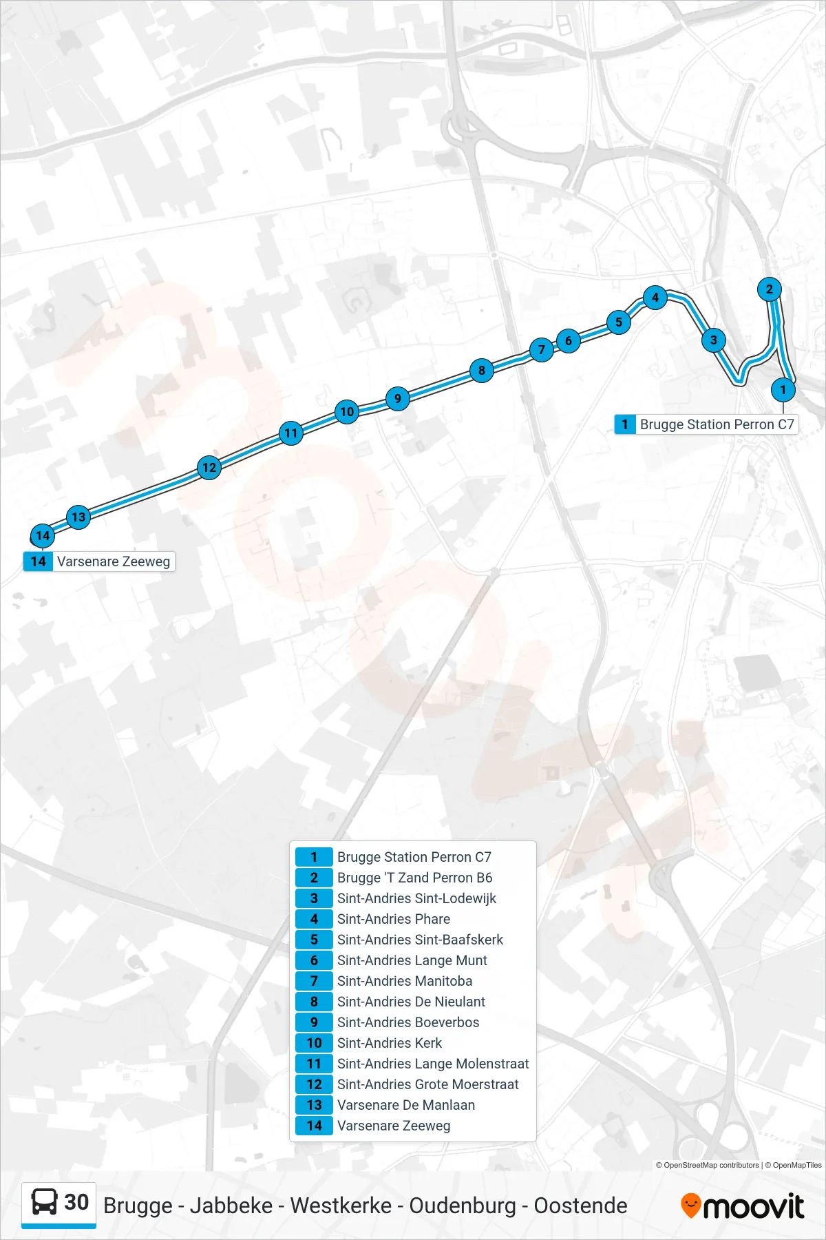 Lijn 30 (bus, Varsenare Zeeweg): route en haltes op de kaart
