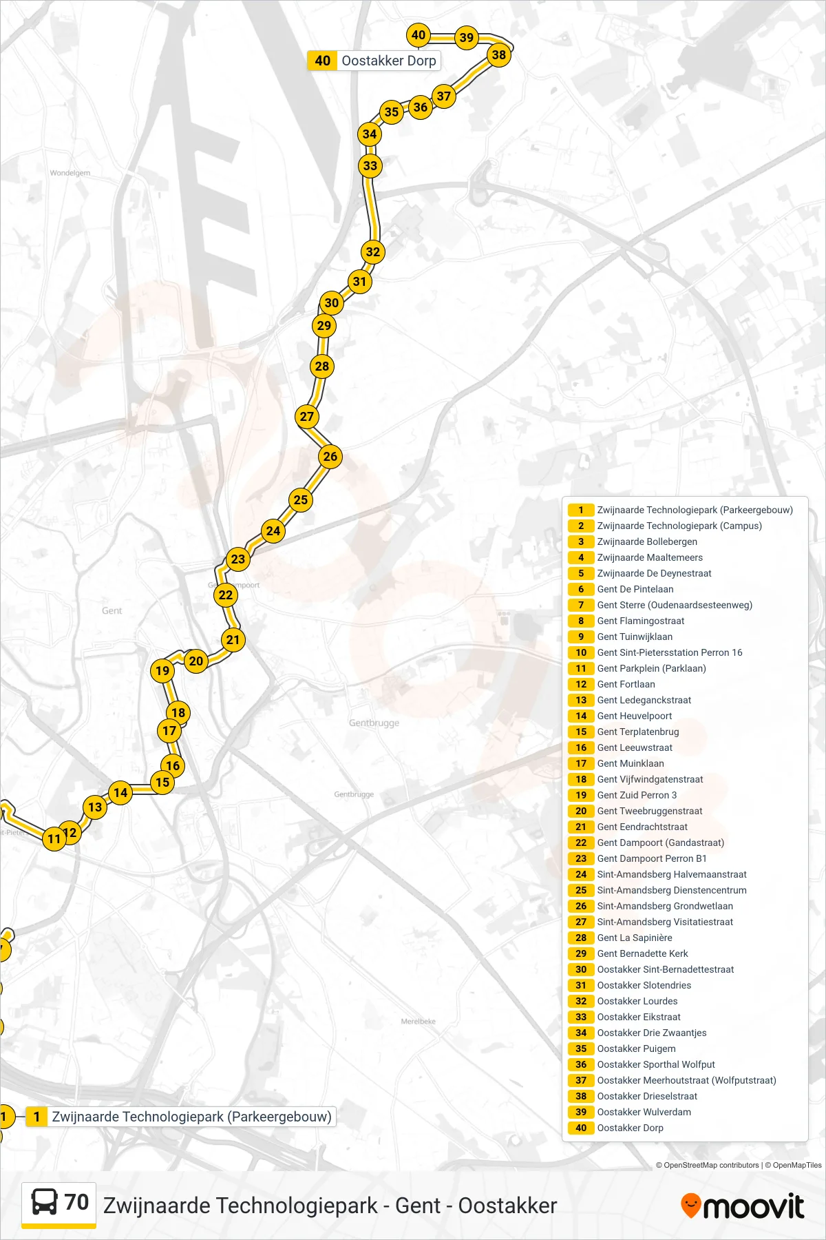 70 bus Line (Oostakker Village) route and stops on a map