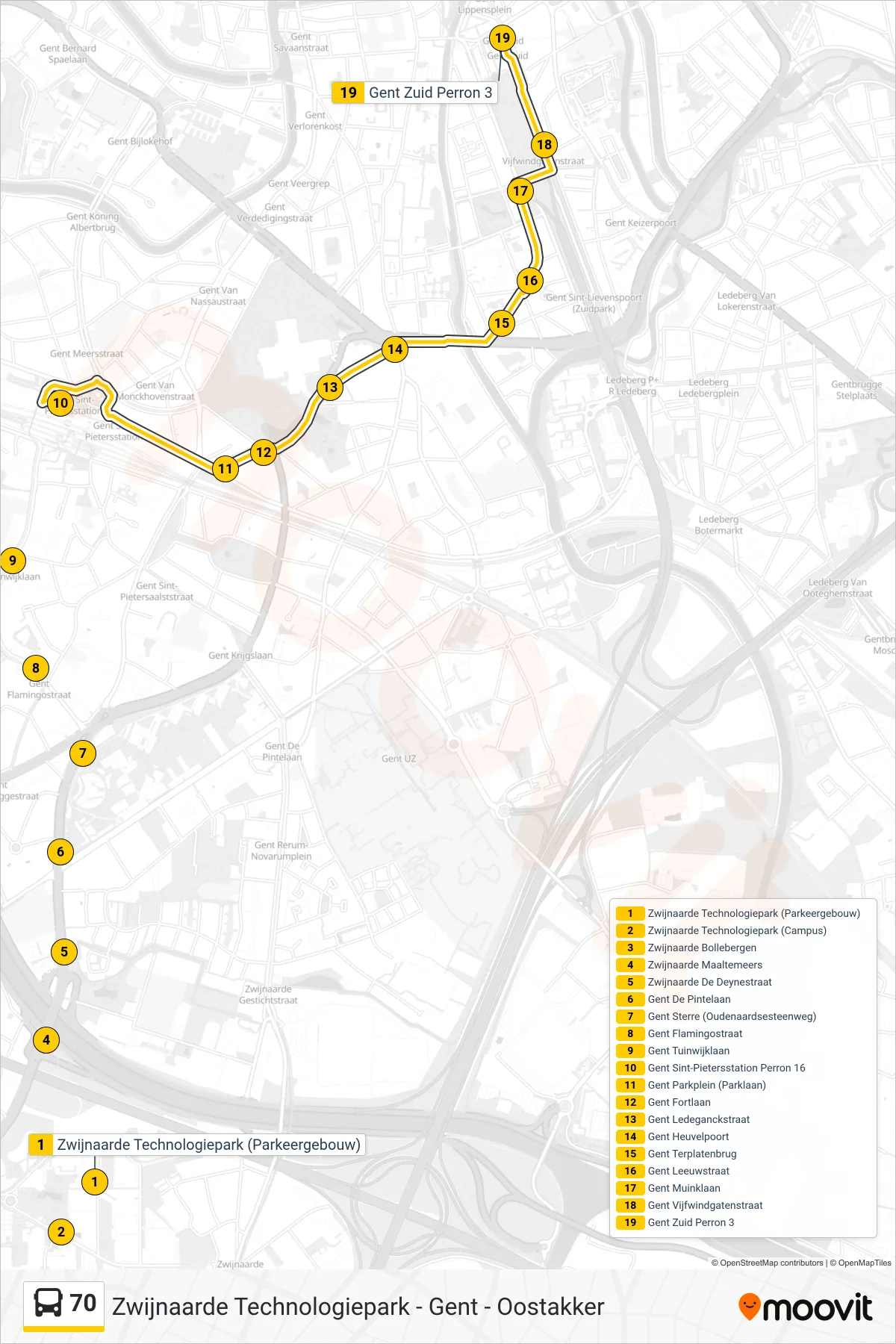 70 bus Line (Ghent South Platform 3) route and stops on a map