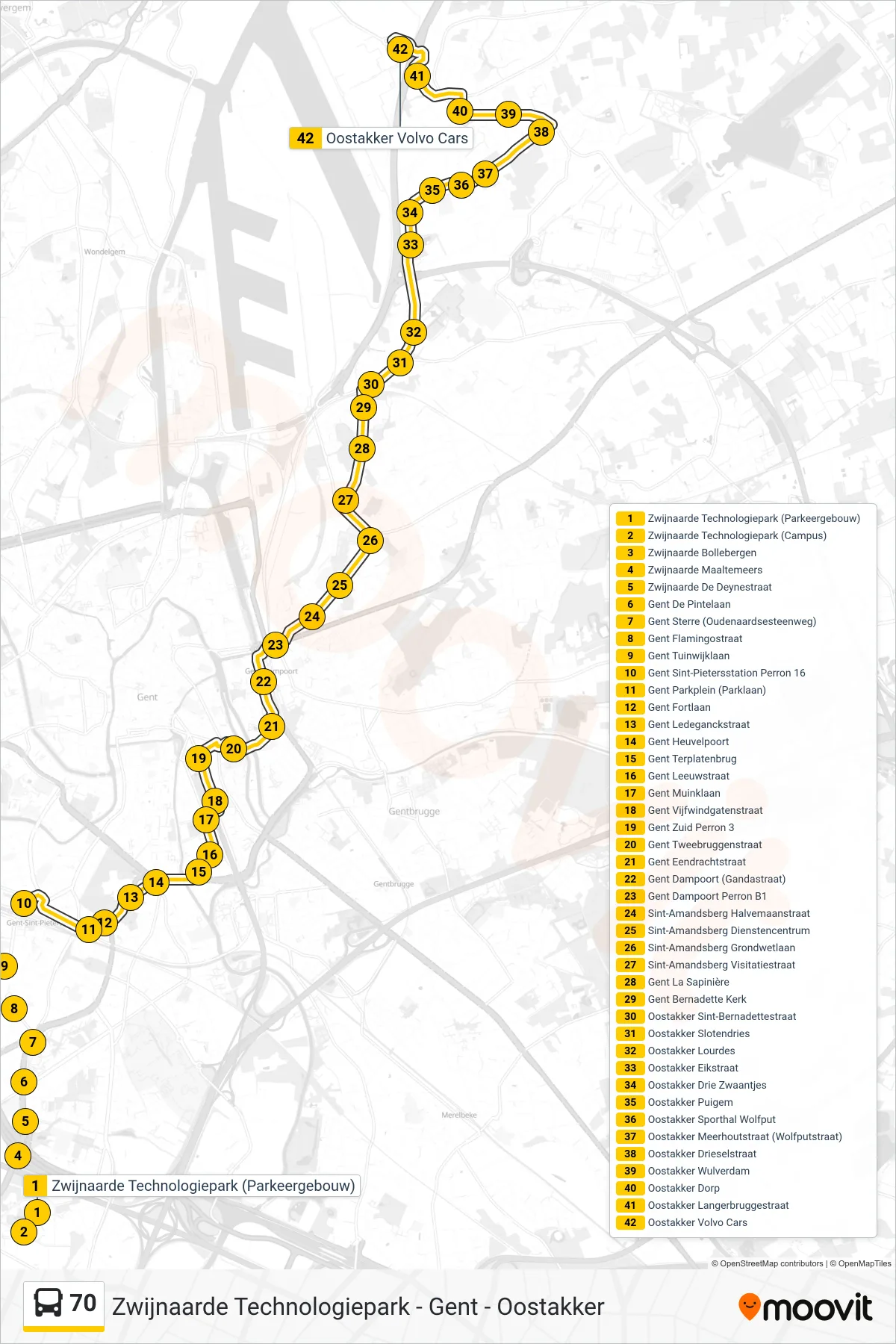 Lijn 70 (bus, Oostakker Volvo Cars): route en haltes op de kaart