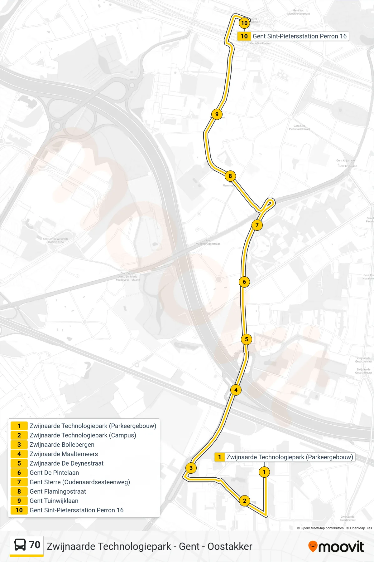 Lijn 70 (bus, Gent Sint-Pietersstation Perron 16): route en haltes op de kaart