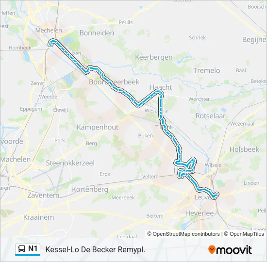 Bus N1 lijnkaart