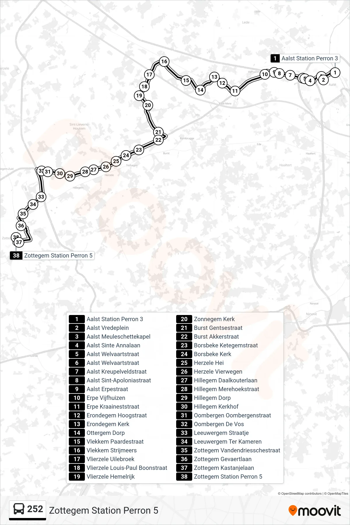 Lijn 252 (bus, Zottegem Station Perron 5): route en haltes op de kaart