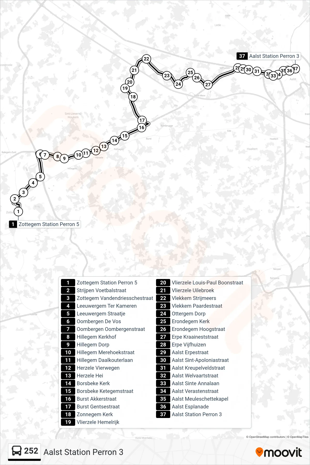 Lijn 252 (bus, Aalst Station Perron 3): route en haltes op de kaart