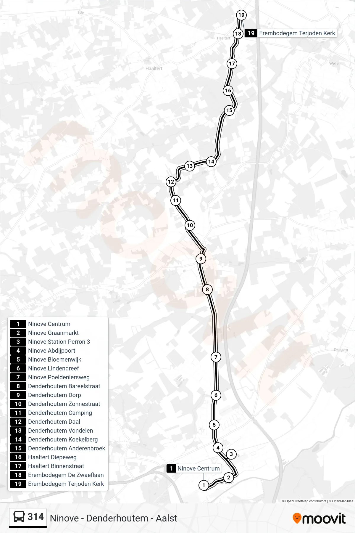Lijn 314 (bus, Erembodegem Terjoden Kerk): route en haltes op de kaart