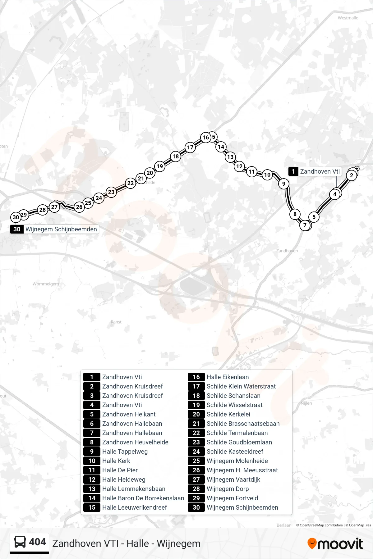 Lijn 404 (bus, Wijnegem Schijnbeemden): route en haltes op de kaart
