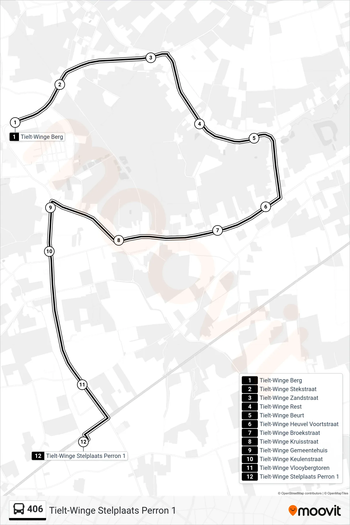Lijn 406 (bus, Tielt-Winge Stelplaats Perron 1): route en haltes op de kaart