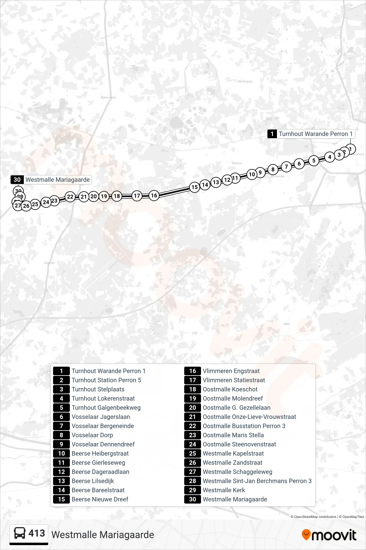 Lijn 413 (bus, Westmalle Mariagaarde): route en haltes op de kaart