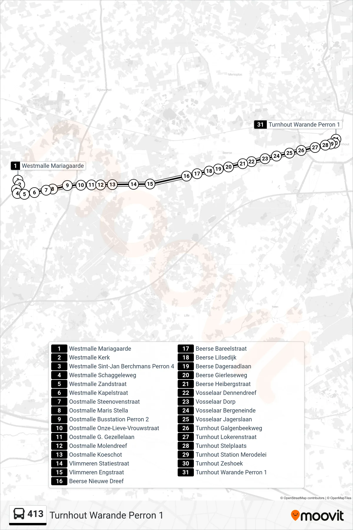 Lijn 413 (bus, Turnhout Warande Perron 1): route en haltes op de kaart
