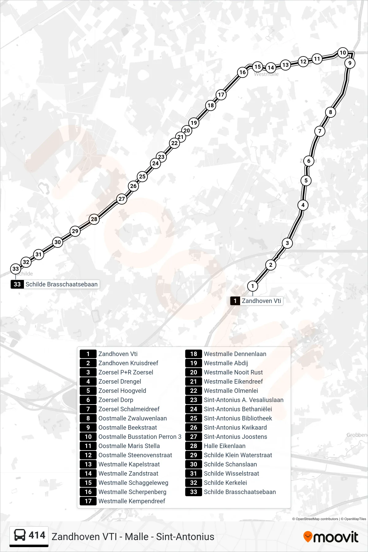 414 bus Line (Schilde Brasschaat Road) route and stops on a map